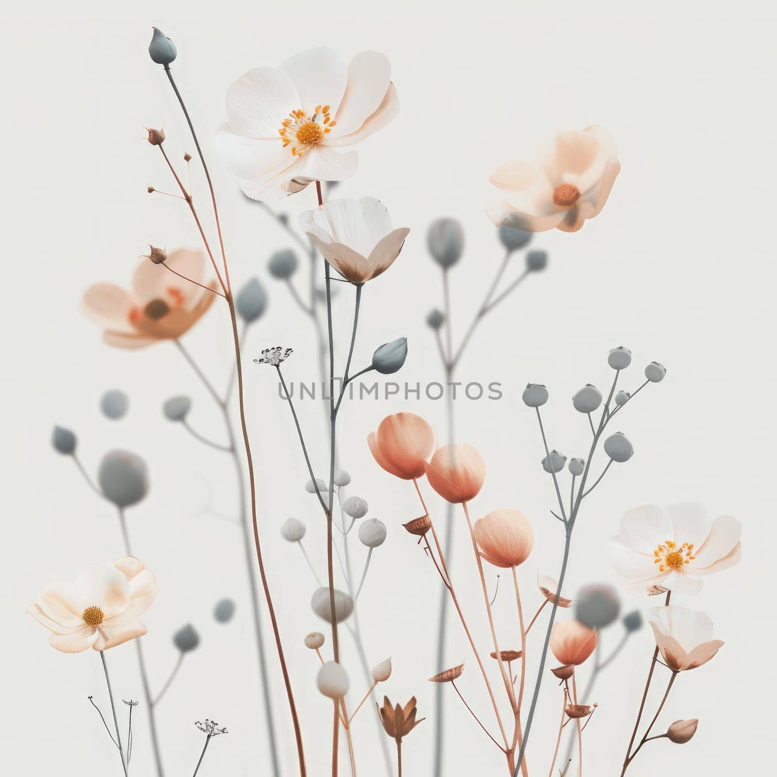 A collection of delicate flowers with varying shapes and soft colors, arranged artfully against a gentle pink backdrop, evoking a tranquil spring vibe.