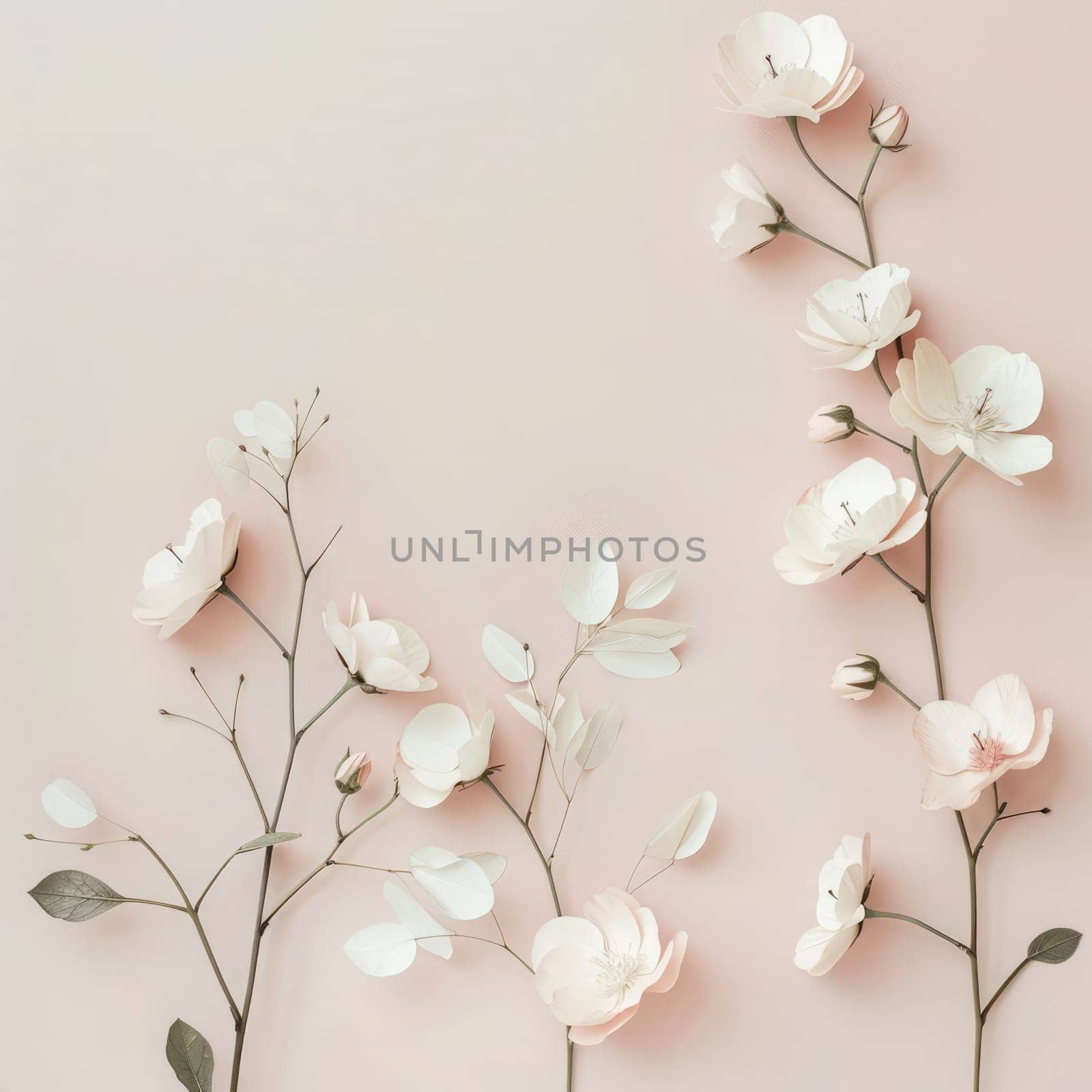 A collection of delicate flowers with varying shapes and soft colors, arranged artfully against a gentle pink backdrop, evoking a tranquil spring vibe.