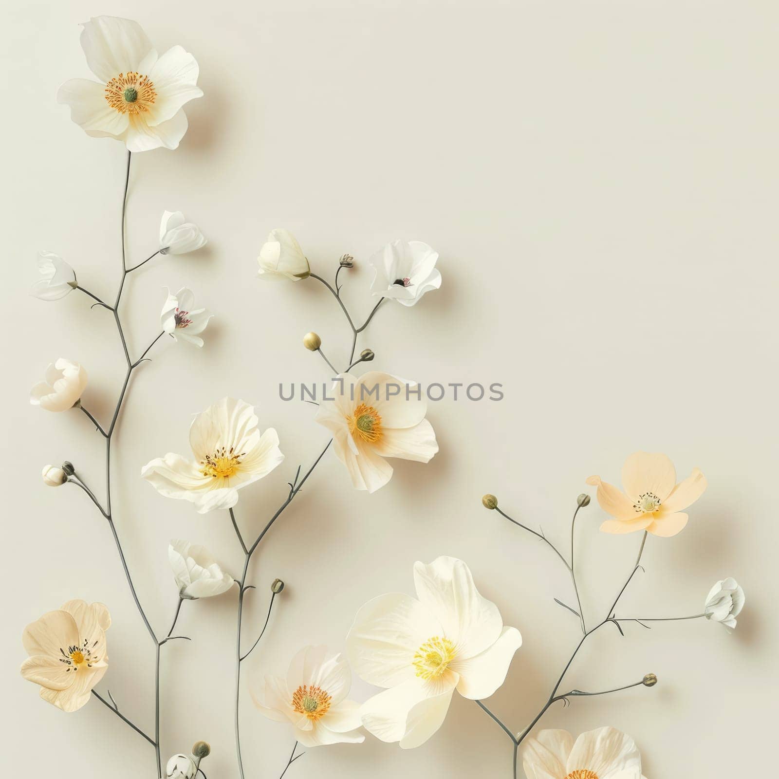 A collection of delicate flowers in warm tones showcases subtle beauty and elegance, set against a soft, neutral backdrop.