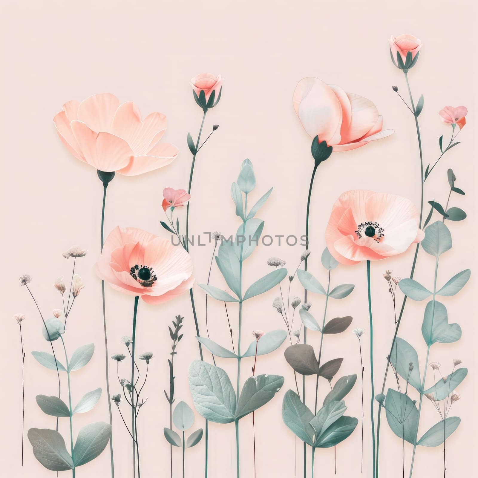 A collection of delicate flowers with varying shapes and soft colors, arranged artfully against a gentle pink backdrop, evoking a tranquil spring vibe.