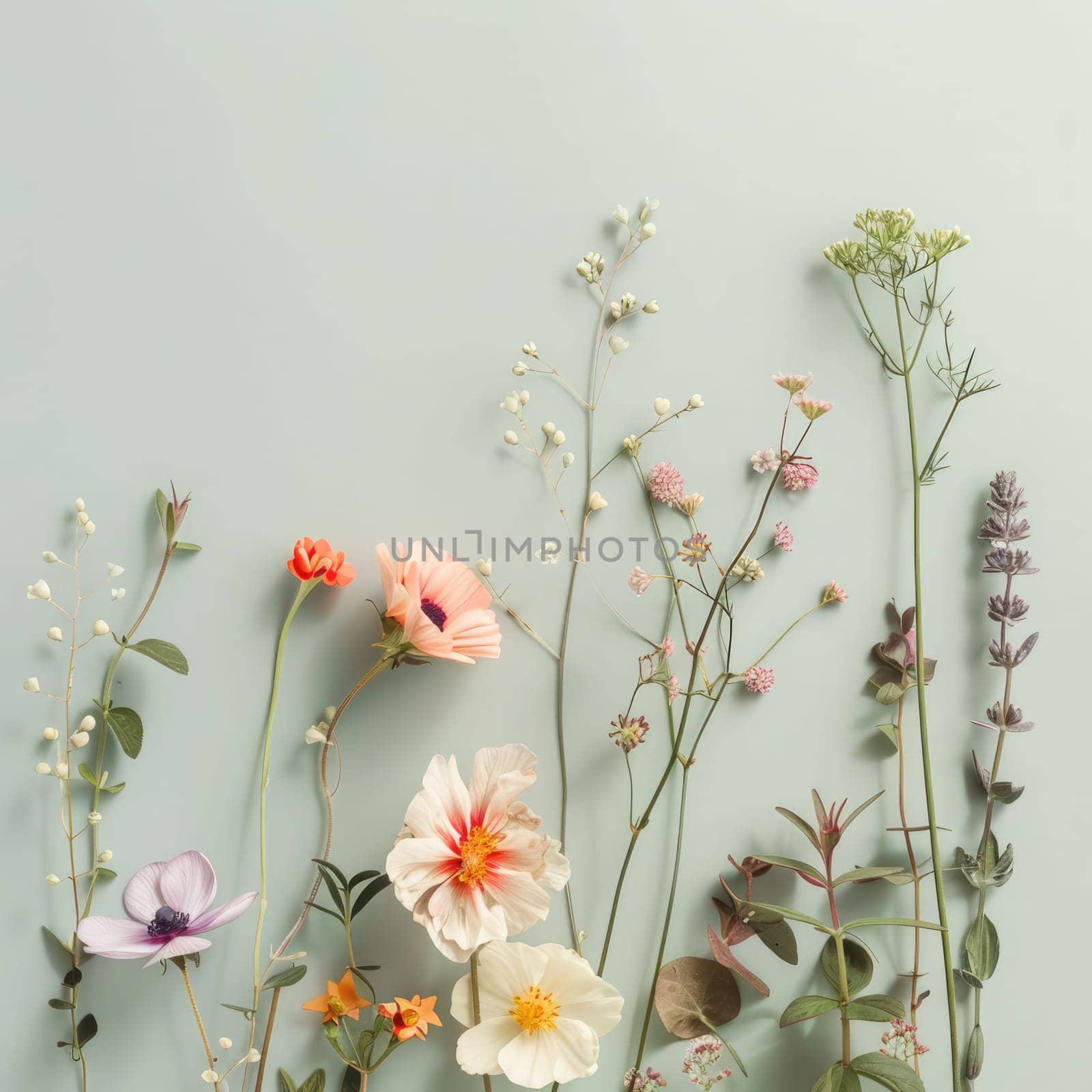 A collection of delicate white flowers and greenery is artfully arranged, showcasing their natural beauty against a neutral backdrop.