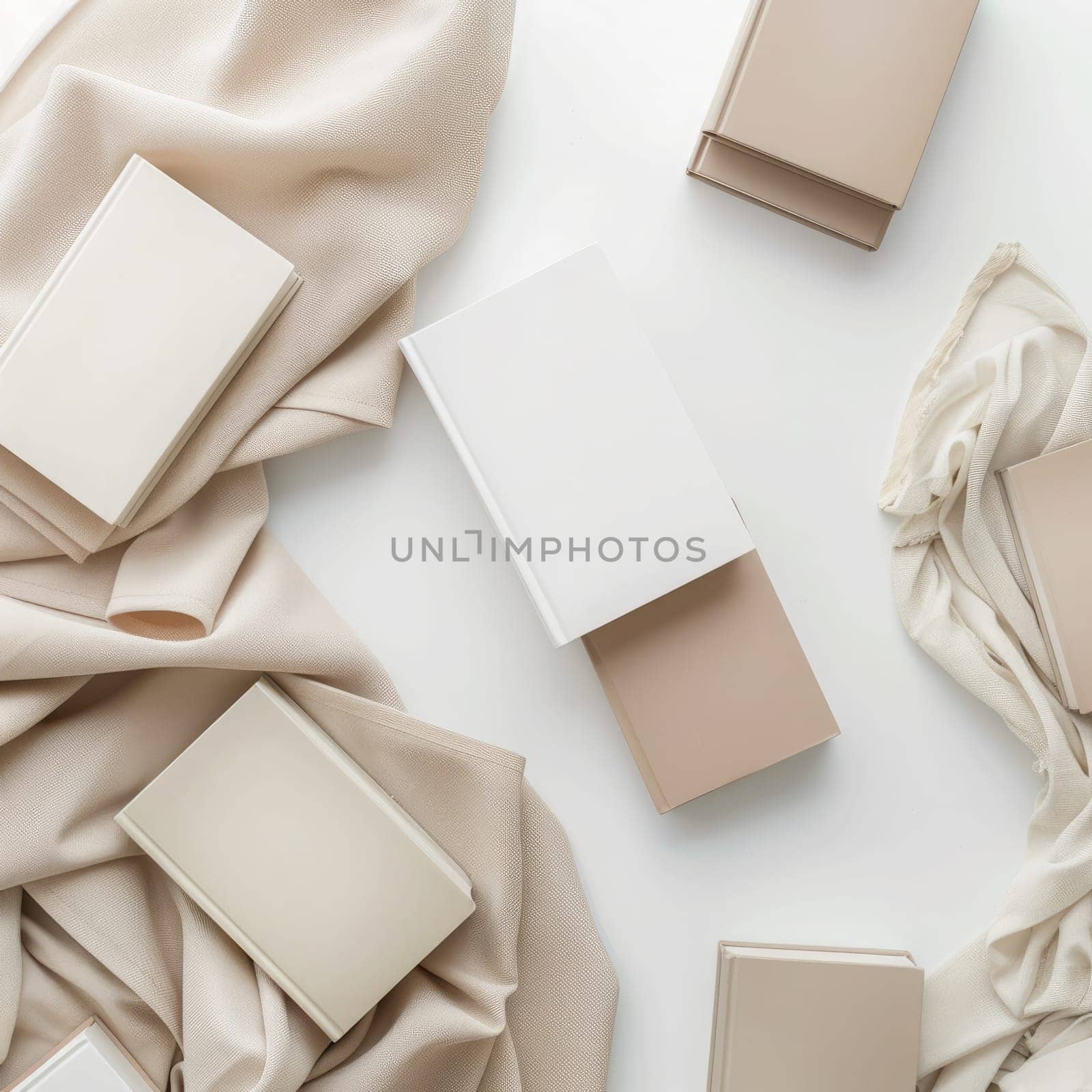 Pastel-colored books are neatly arranged beside delicate dried flowers on a soft, neutral backdrop.