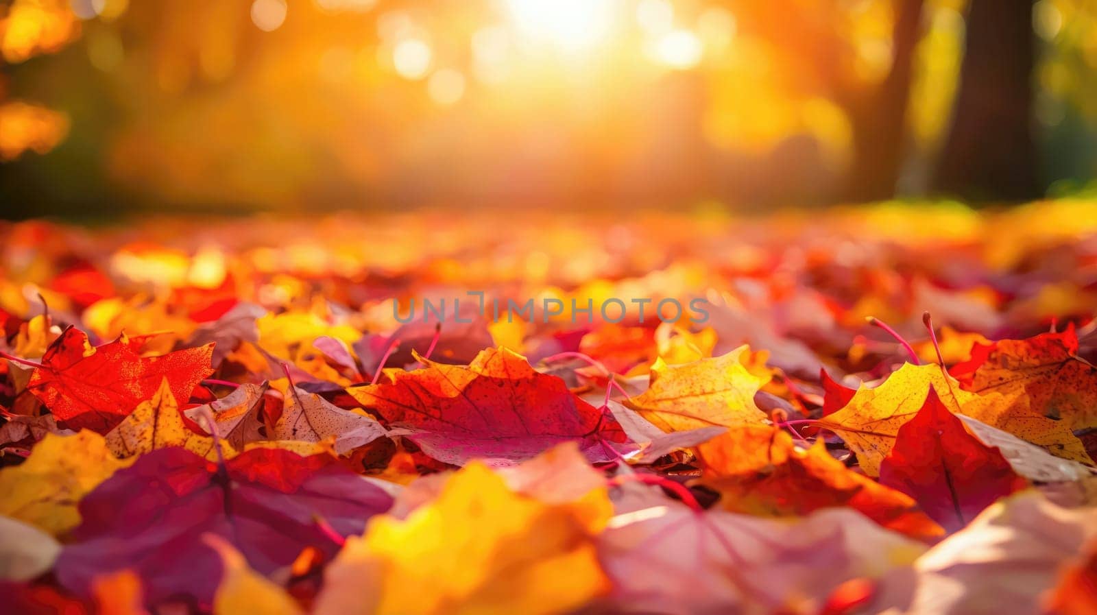 Vibrant red and orange leaves blanket the ground as the sun sets, casting a warm glow in a peaceful park.