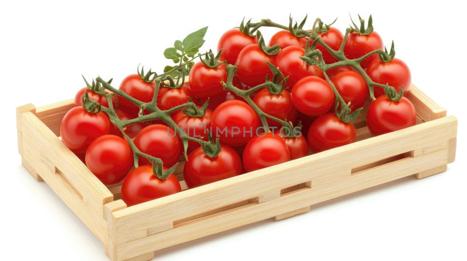 A wooden crate filled with ripe cherry tomatoes, showcasing their bright red color and lush green stems.