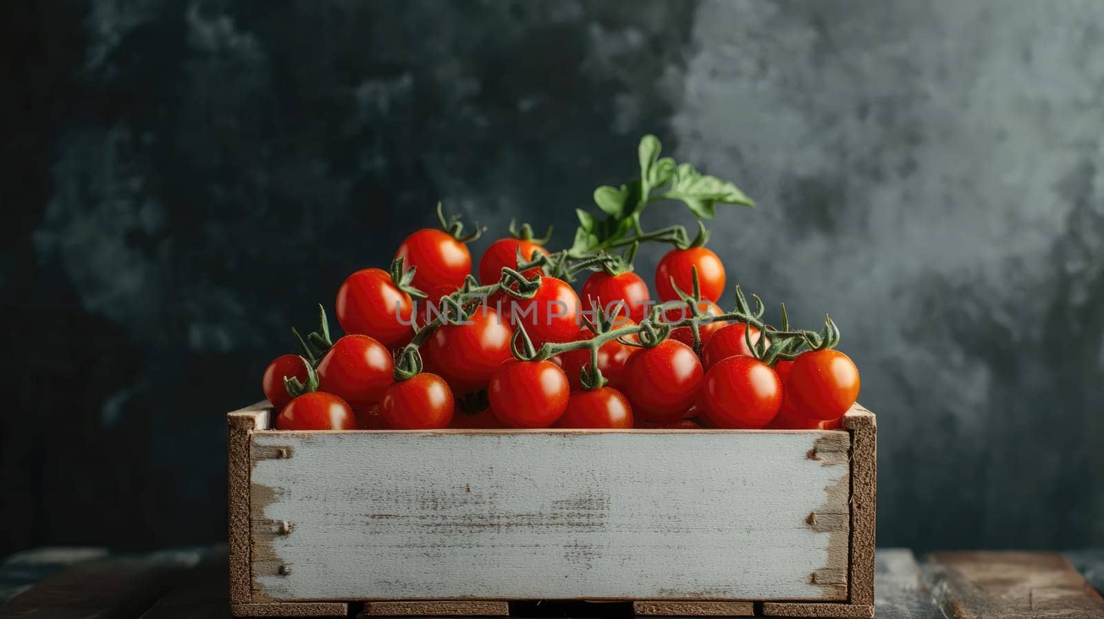 A basket filled with bright red cherry tomatoes, freshly harvested, displayed against a textured dark backdrop.