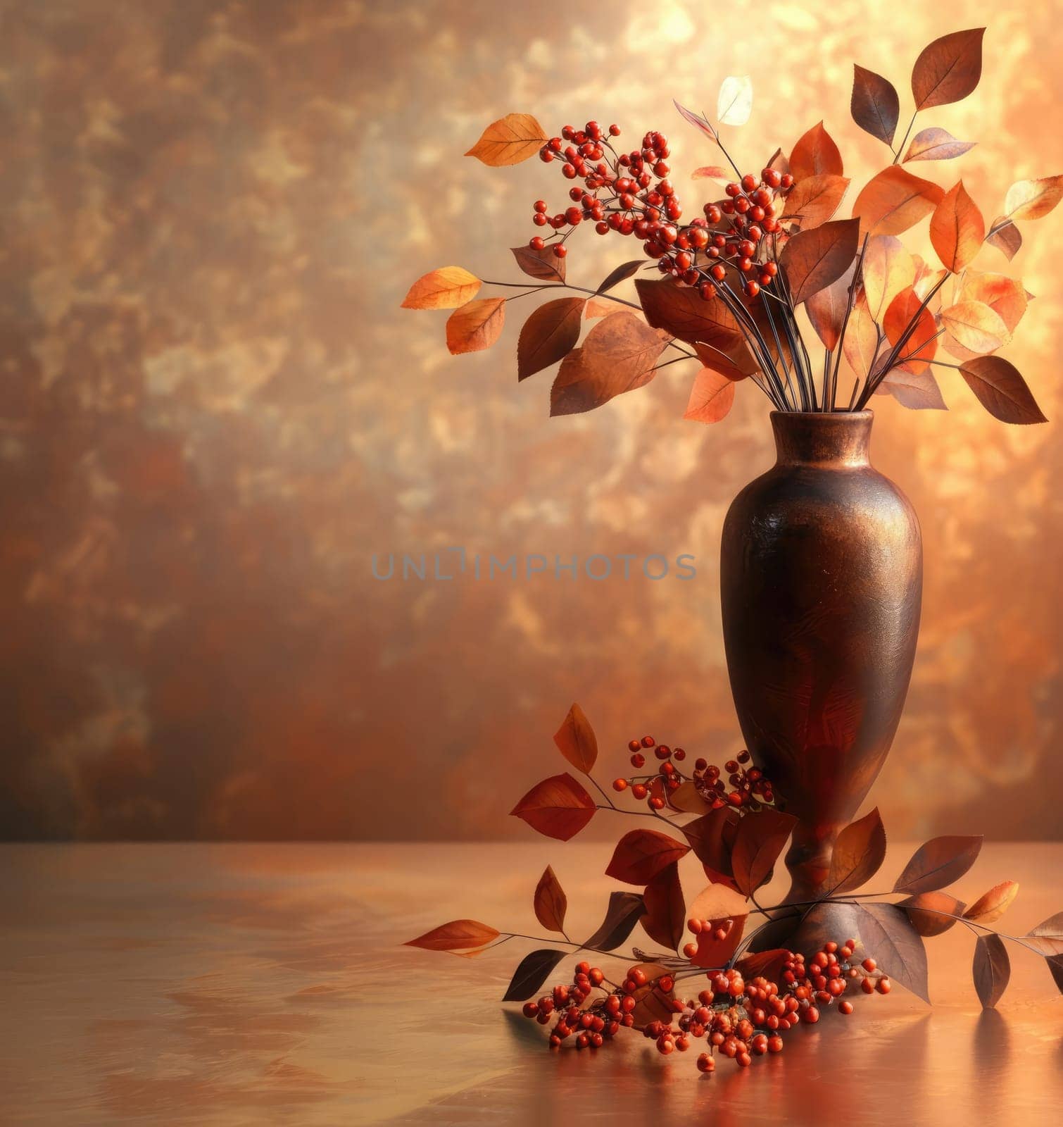 A vase filled with autumn leaves and berries is positioned on a wooden surface, enhanced by a soft, warm background glow.