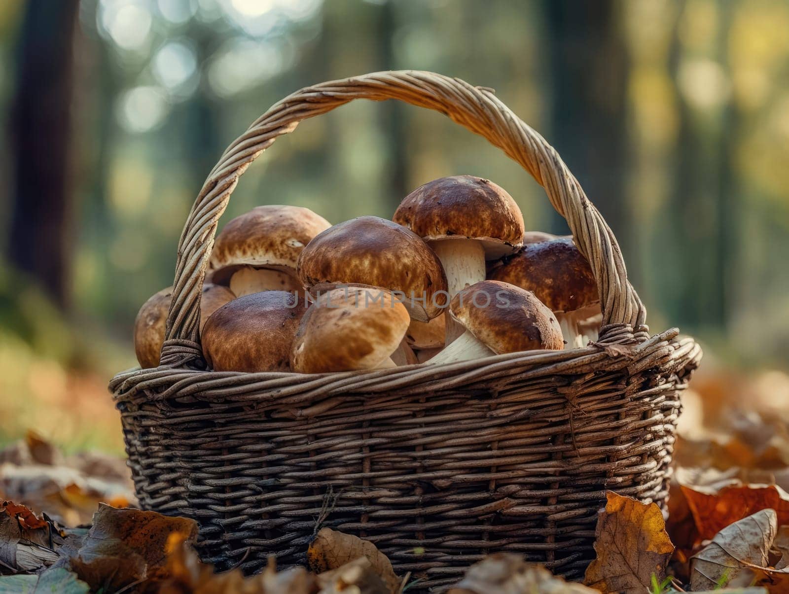 A woven basket filled with freshly foraged mushrooms rests on a bed of fallen autumn leaves in a tranquil forest setting.