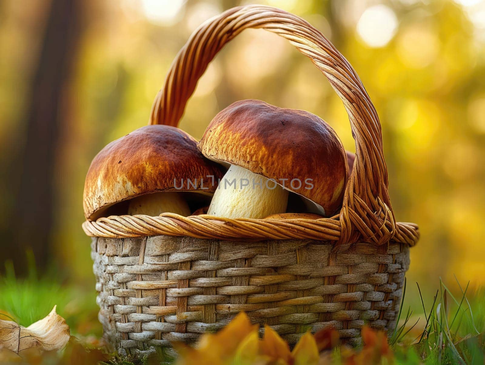 Two large mushrooms nestled in a wicker basket, set against a backdrop of vibrant autumn foliage.