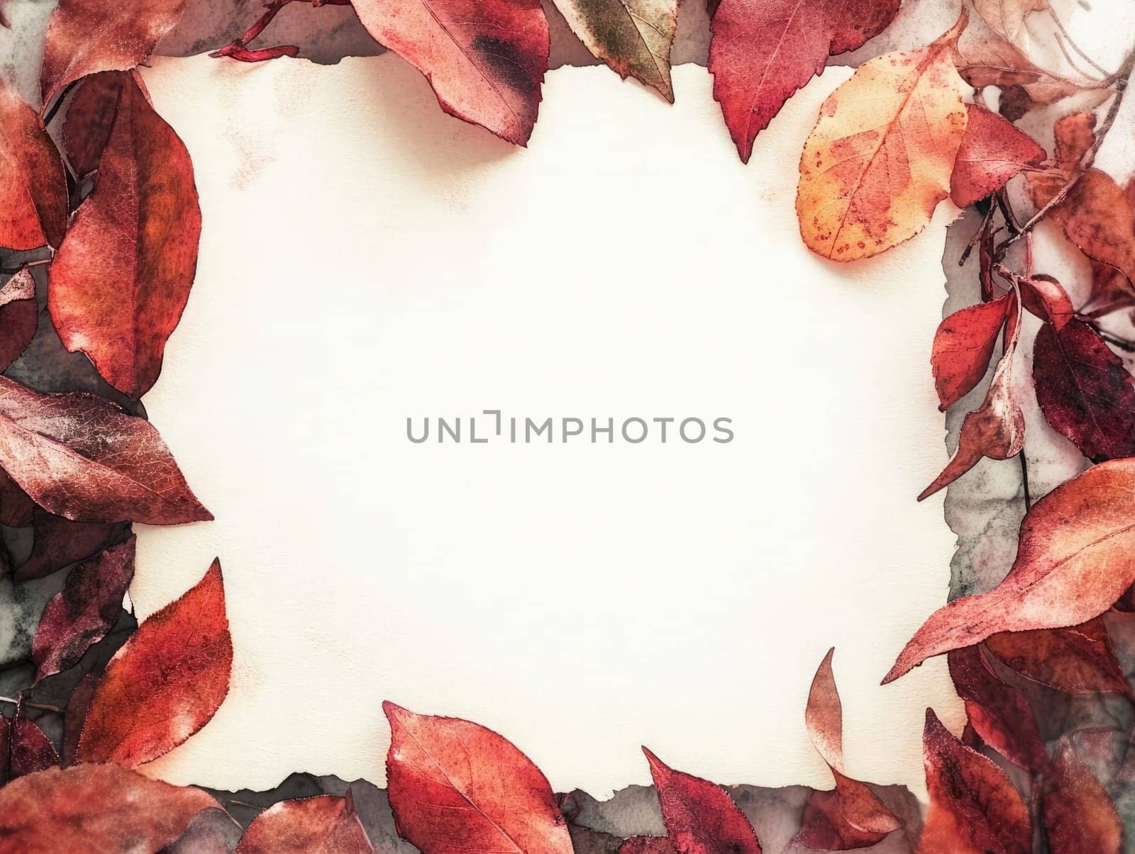 Colorful autumn leaves surround a blank parchment sheet, resting on a textured marble background.