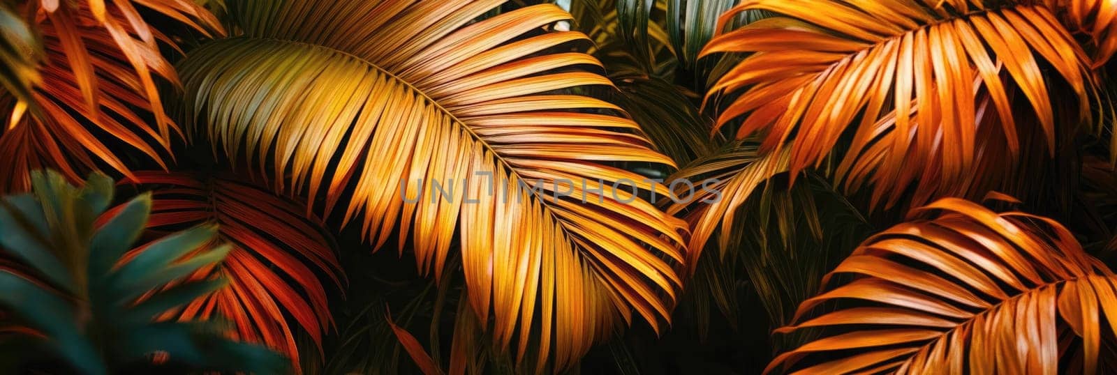 Lush leaves display bright golden and green shades under warm sunlight in a tropical rainforest.