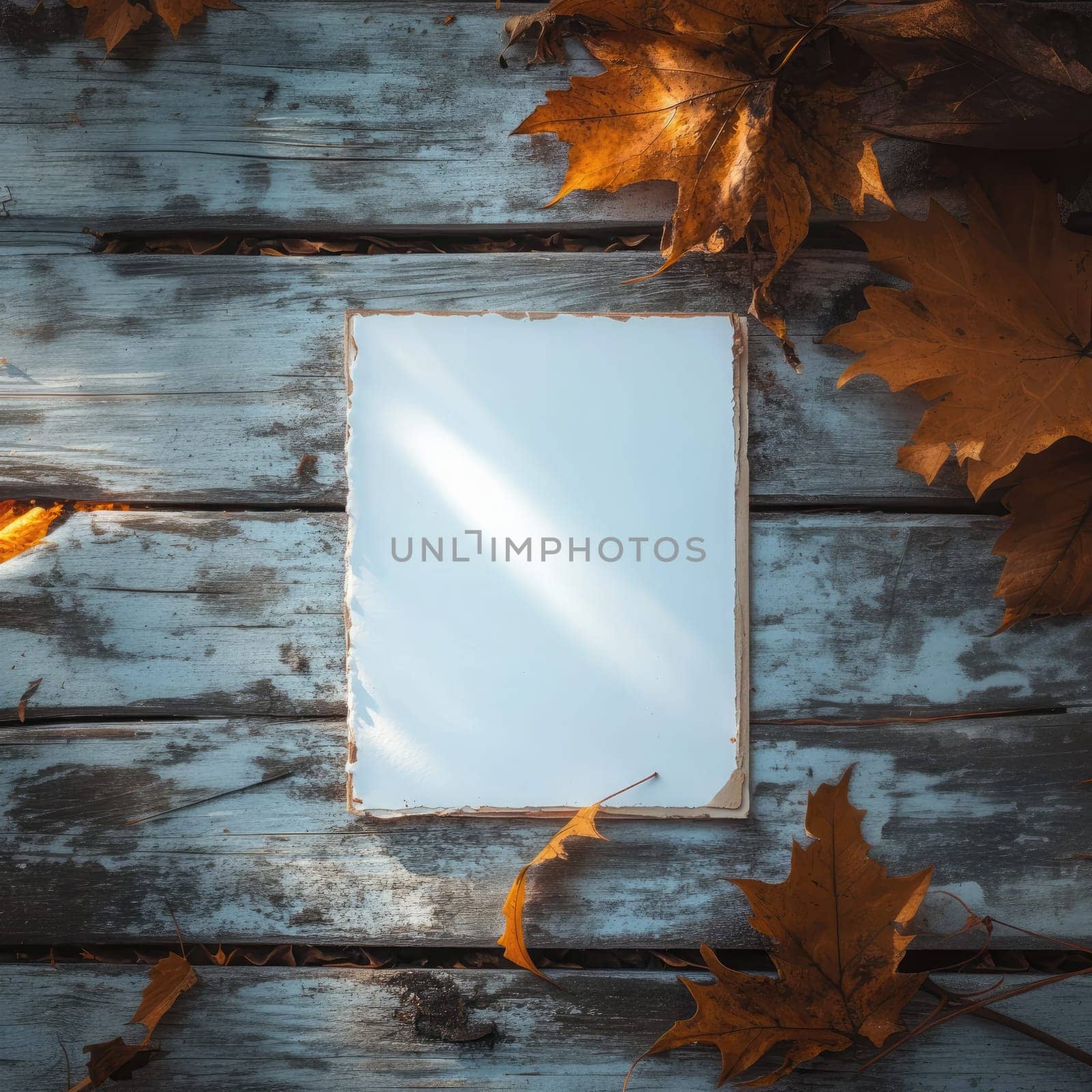 A blank notepad rests on a weathered wooden surface, accompanied by vibrant autumn leaves in warm afternoon sunlight.