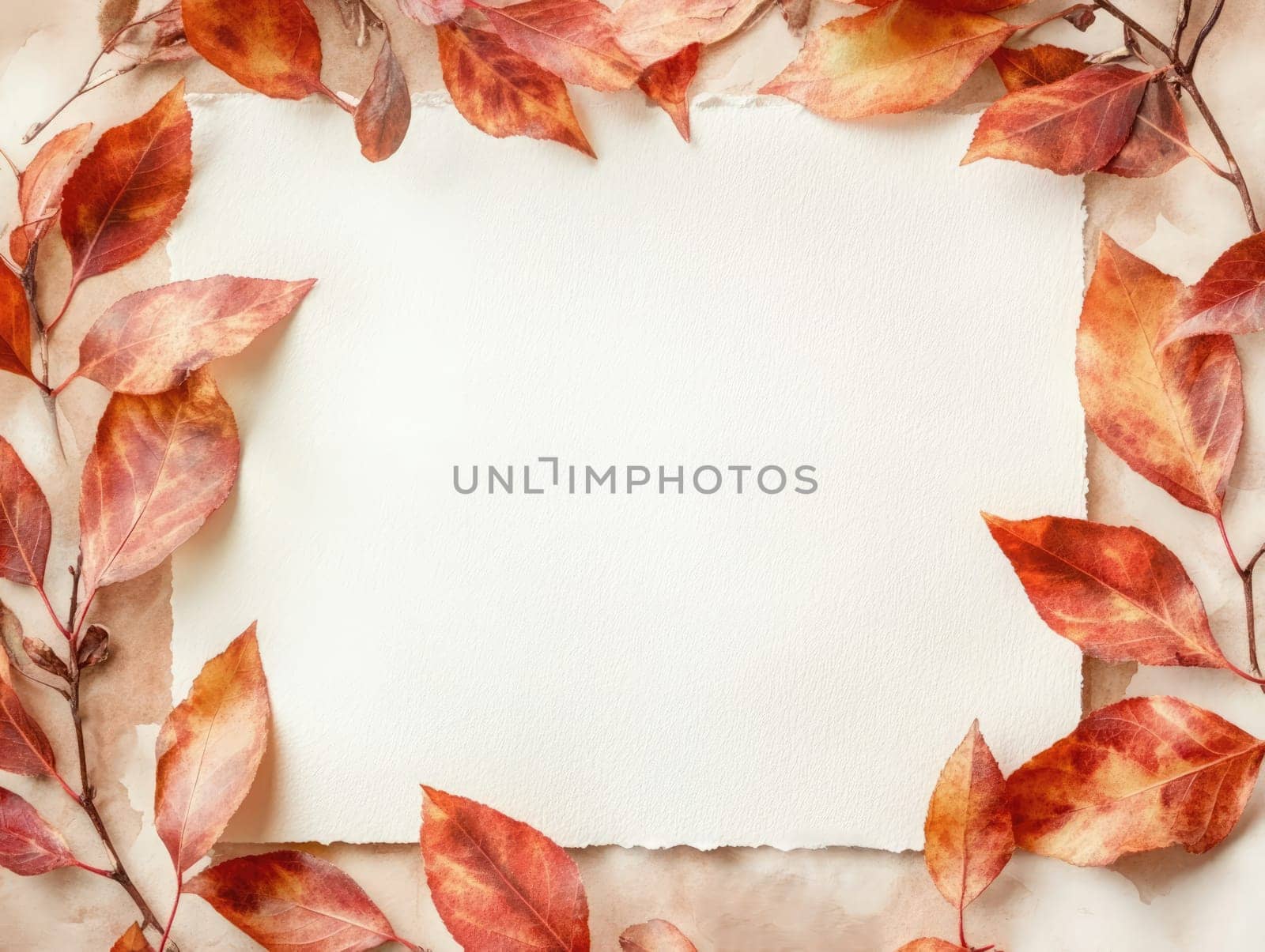 A collection of red and orange autumn leaves surrounds an empty canvas, ready for creative expression.