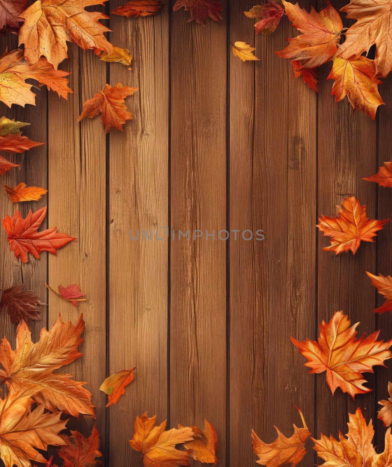 Colorful autumn leaves are scattered across aged wooden planks, creating a cozy, seasonal atmosphere.