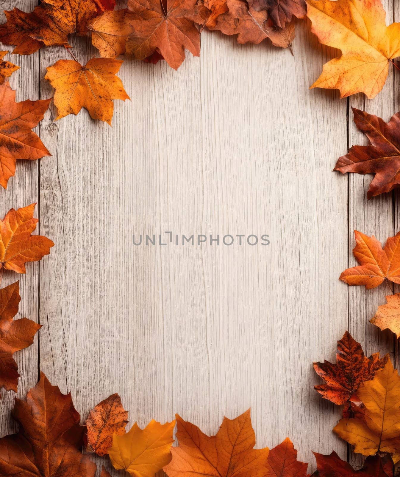 Colorful autumn leaves frame a rustic wooden surface, showcasing vibrant oranges and browns in a seasonal display.