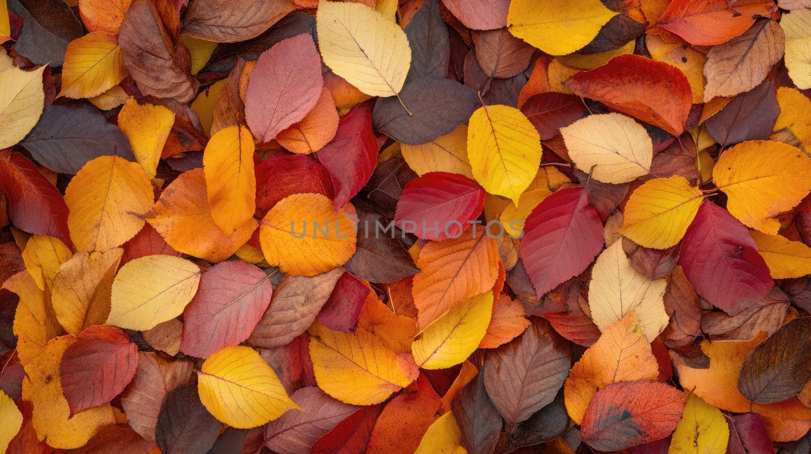 A collection of various autumn leaves lies scattered on the ground, showcasing vibrant colors typical of the fall season.