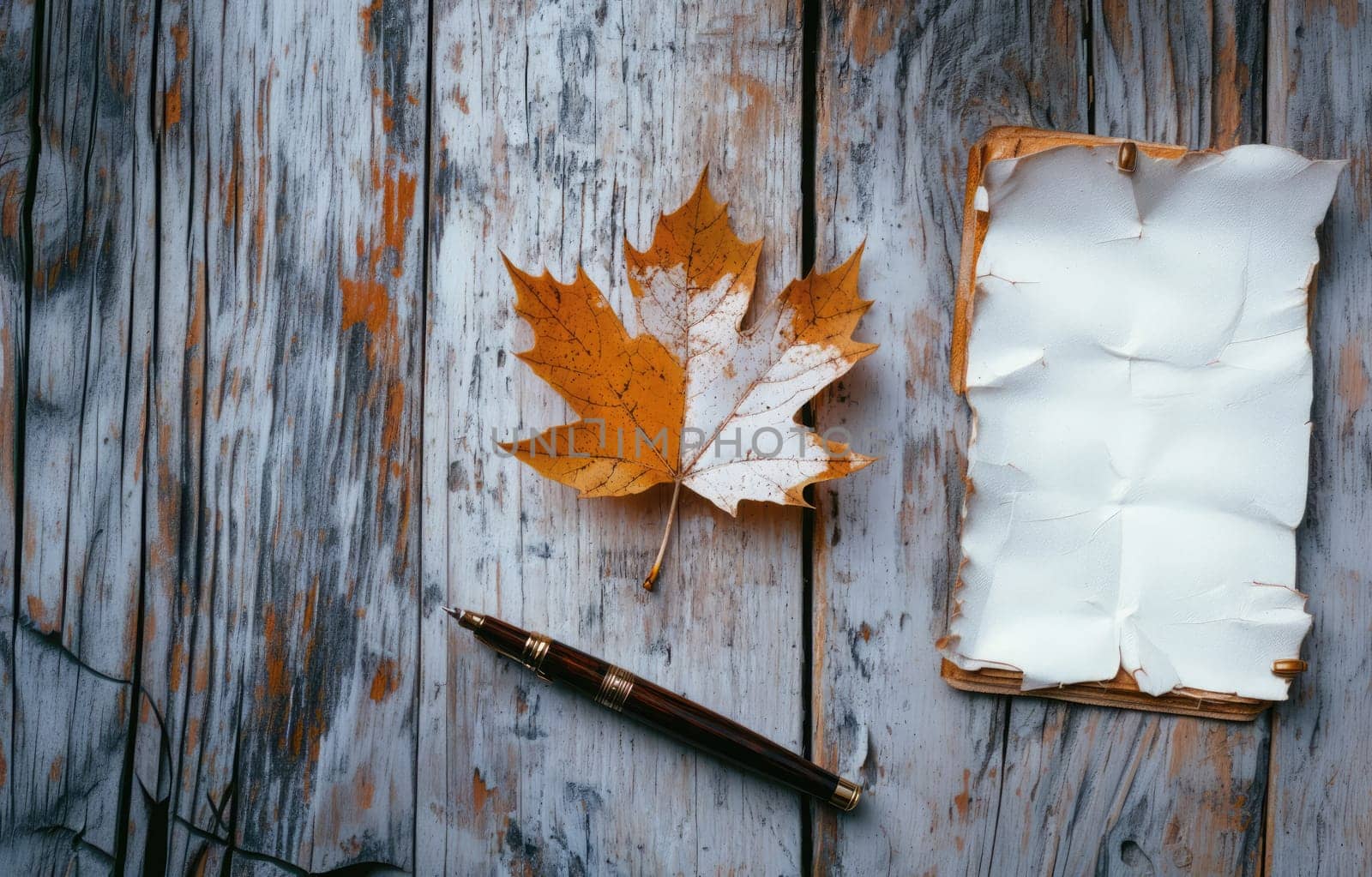 A dry autumn leaf, a vintage pen, and crumpled parchment are arranged on a rustic wooden table, illuminated by soft natural light.