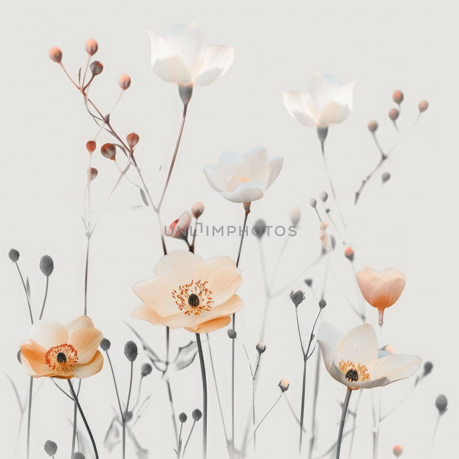 A collection of delicate flowers with varying shapes and soft colors, arranged artfully against a gentle pink backdrop, evoking a tranquil spring vibe.