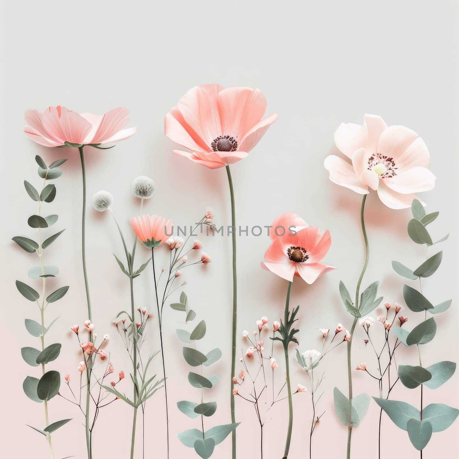 A collection of delicate flowers with varying shapes and soft colors, arranged artfully against a gentle pink backdrop, evoking a tranquil spring vibe.
