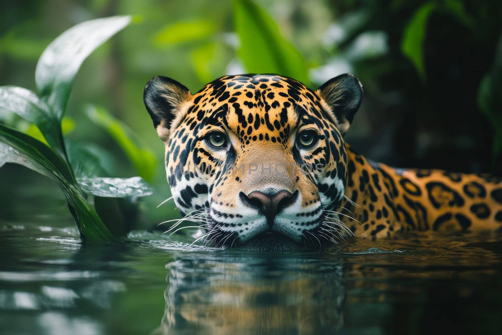 A jaguar's piercing eyes lock focus as it swims through green-tinted jungle water.