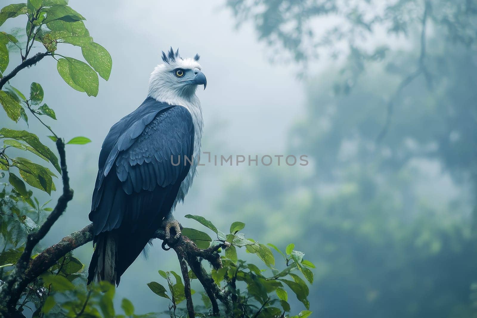 A close-up of a regal harpy eagle perched among green leaves in a misty rainforest setting.