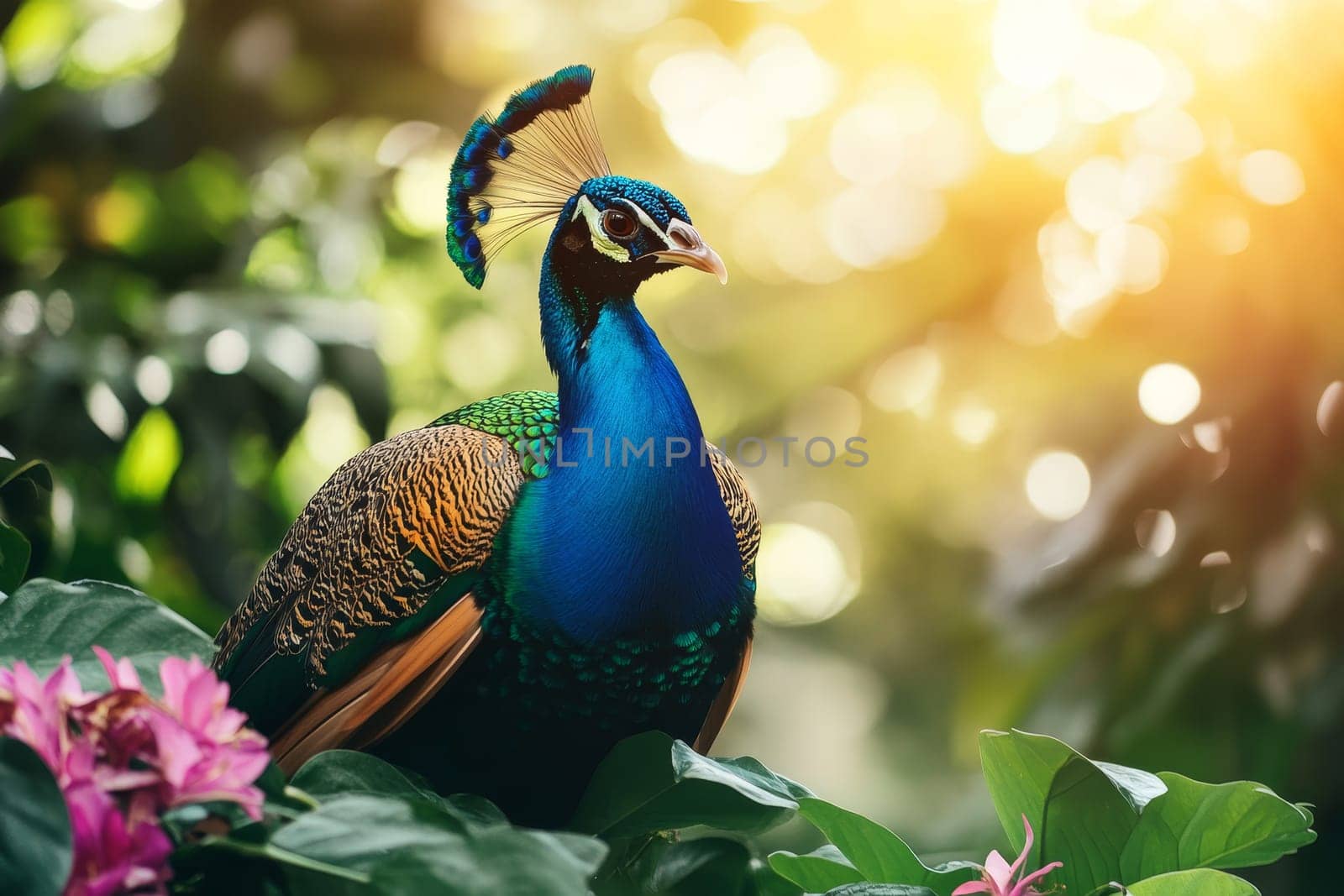 Close-up of a colorful peacock with iridescent blue neck and ornate crest among lush foliage and pink flowers.