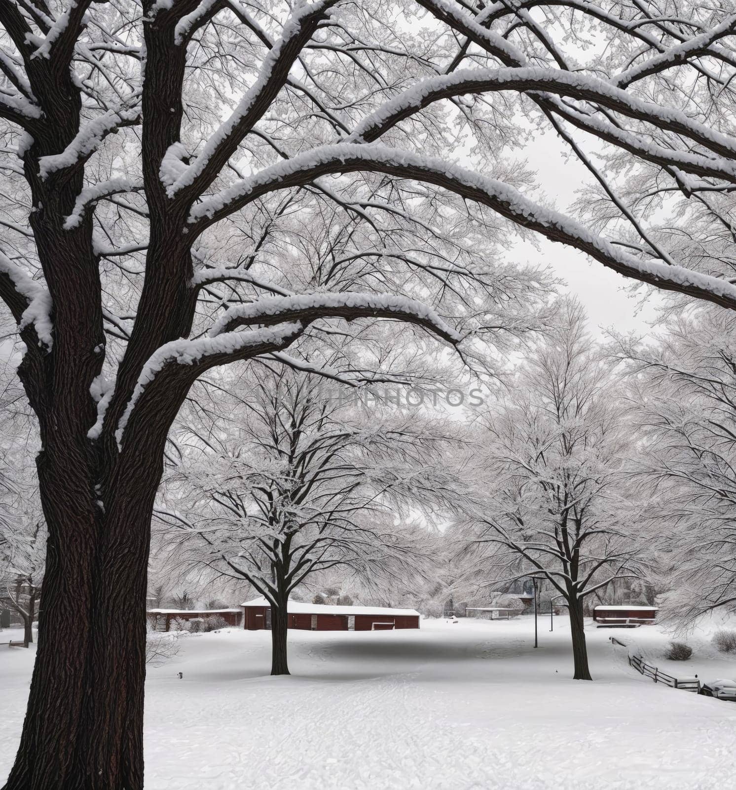 A snowy landscape with a red barn and three trees. The trees are covered in snow and the snow is covering the ground. The scene is peaceful and serene, with the snow creating a quiet