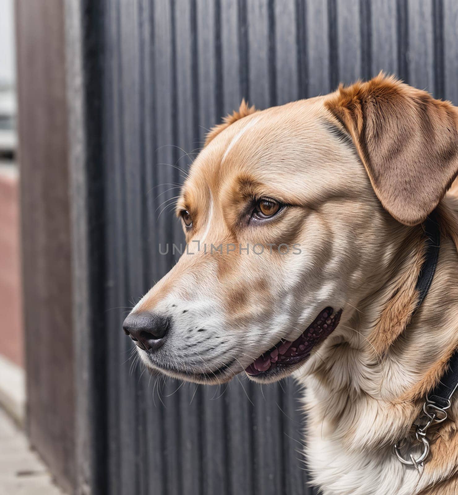 A dog with a black collar is looking at the camera. The dog has a white patch on its face