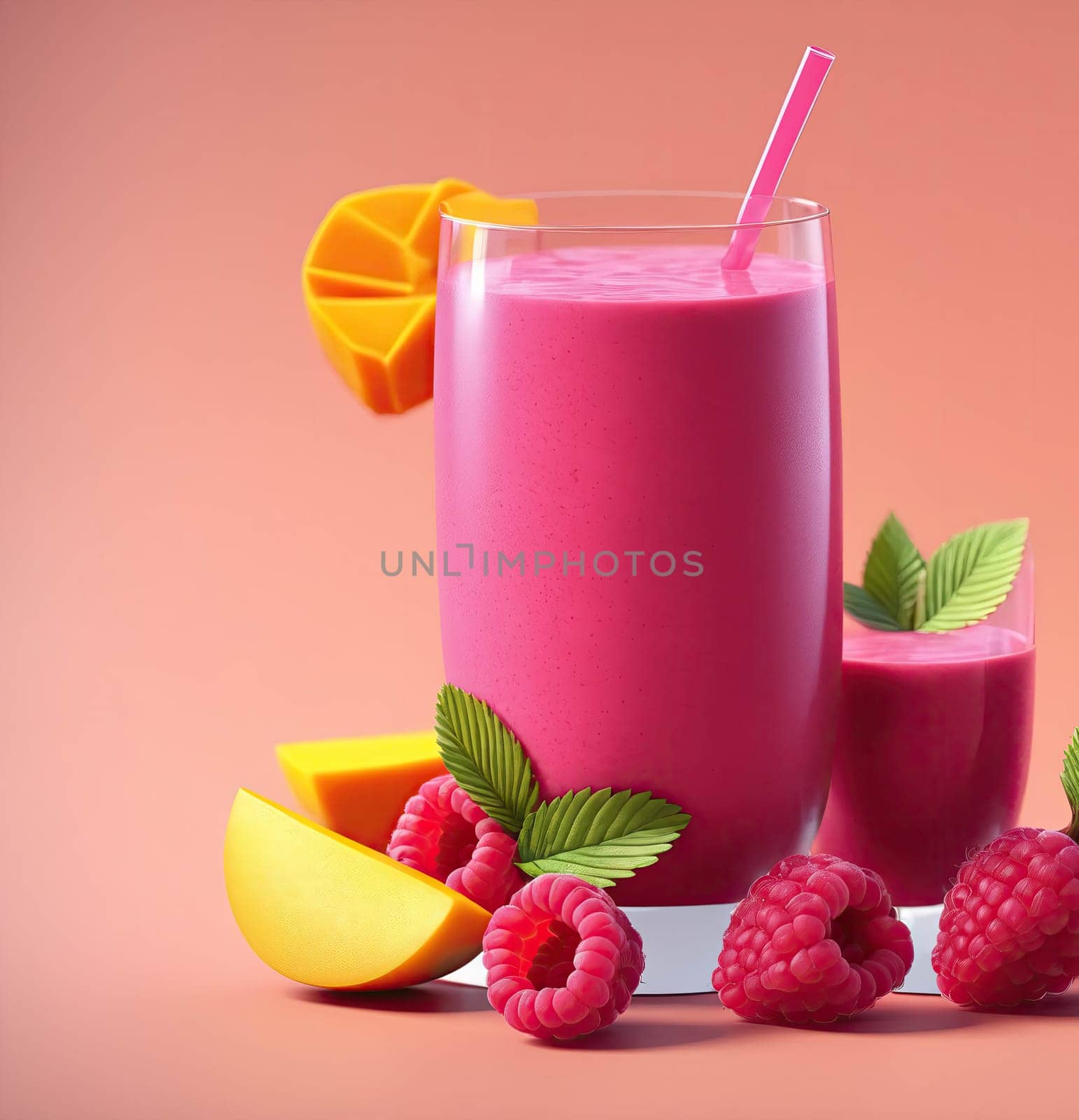 A glass of pink smoothie with raspberries and a slice of orange