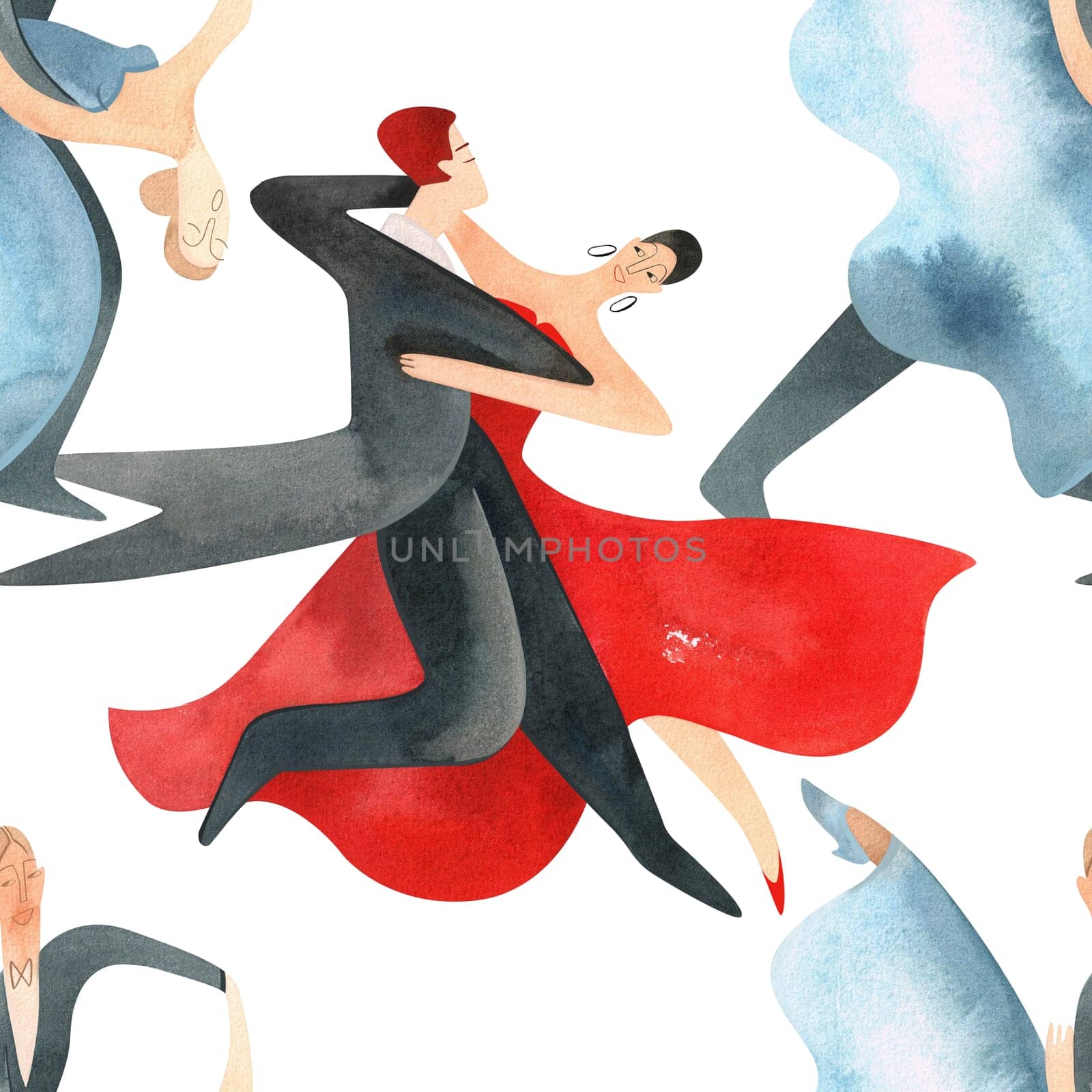 Ballroom dancing, standard. Adult couples on the parquet. Isolated watercolor illustration. Seamless pattern. White background.