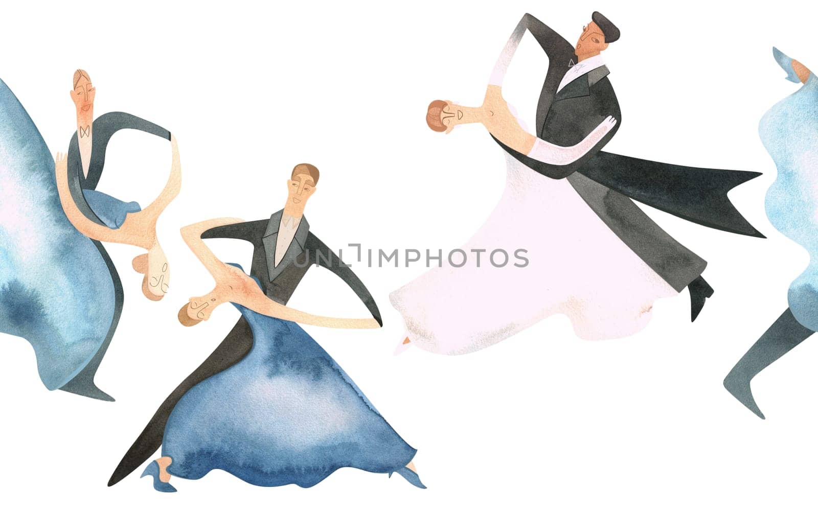 Ballroom dancing, standard. Adult couples on the parquet. Isolated watercolor illustration. Seamless border, banner for website design of a school or ballroom dance studio