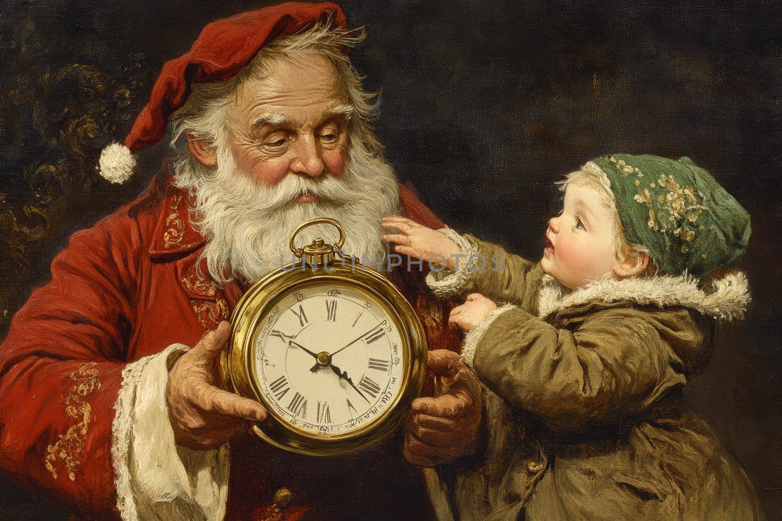 Bearded man in red robe shows golden pocket watch to curious child in winter attire.