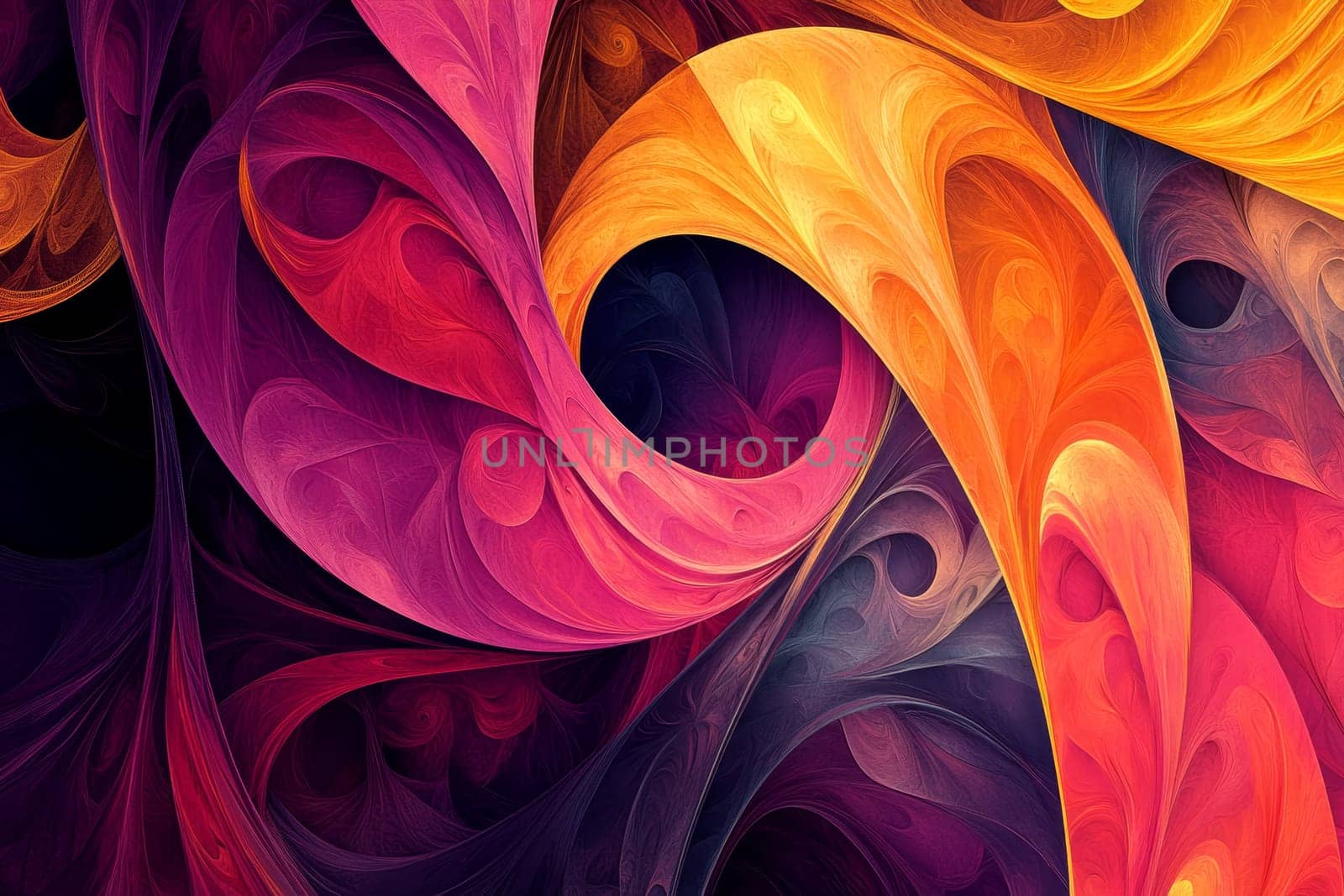 Fluid shapes in purple, orange, and pink create a mesmerizing abstract pattern.