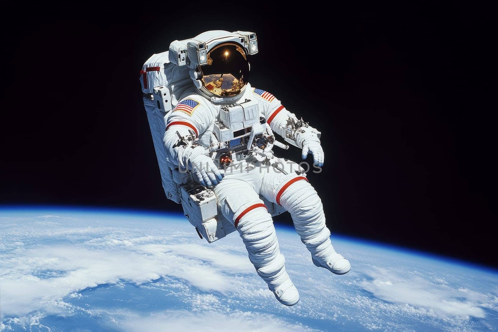 Astronaut in white spacesuit with American flag patch floating in space above Earth's atmosphere.