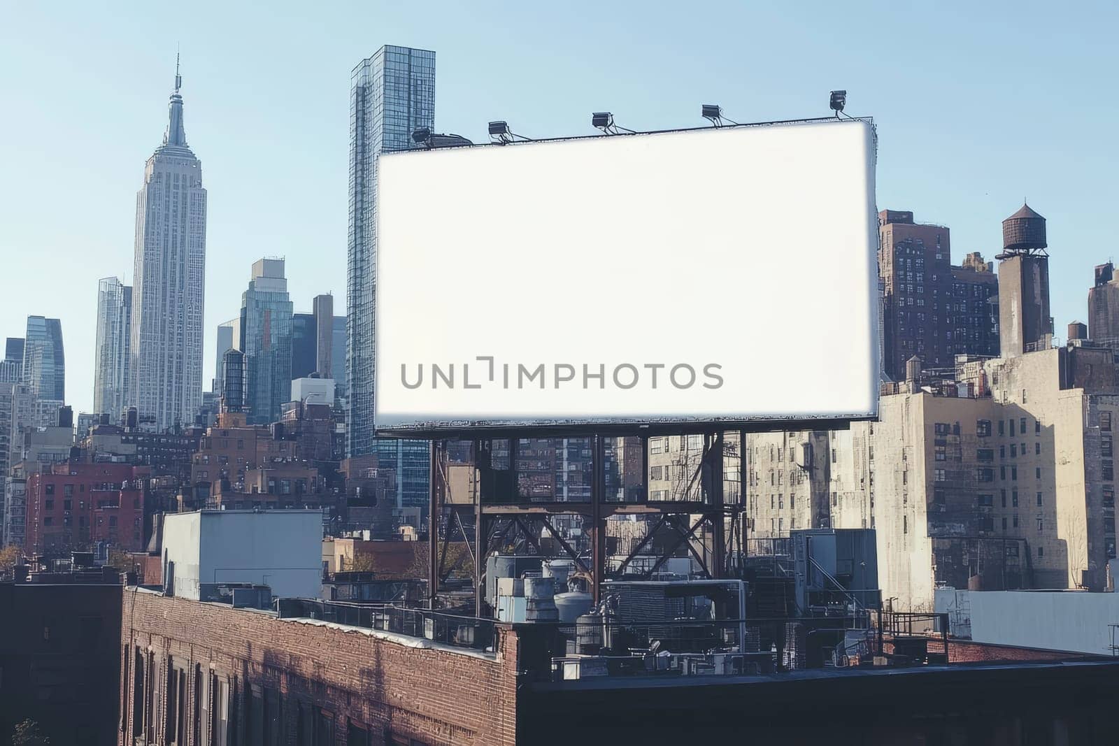 Large blank billboard overlooking iconic Manhattan skyline with famous skyscrapers and urban landscape.