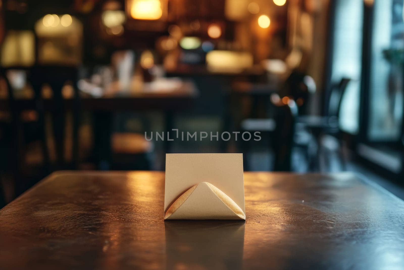 Creatively folded beige napkin on wooden table in dimly lit restaurant with blurred background.