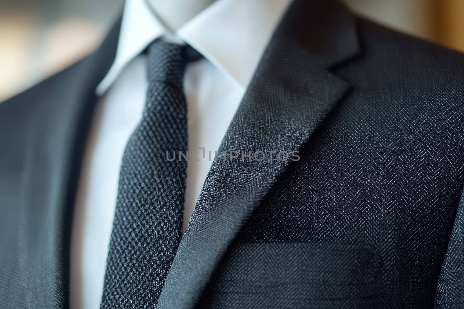 Detailed view of a dark business suit texture, focusing on the jacket and tie.