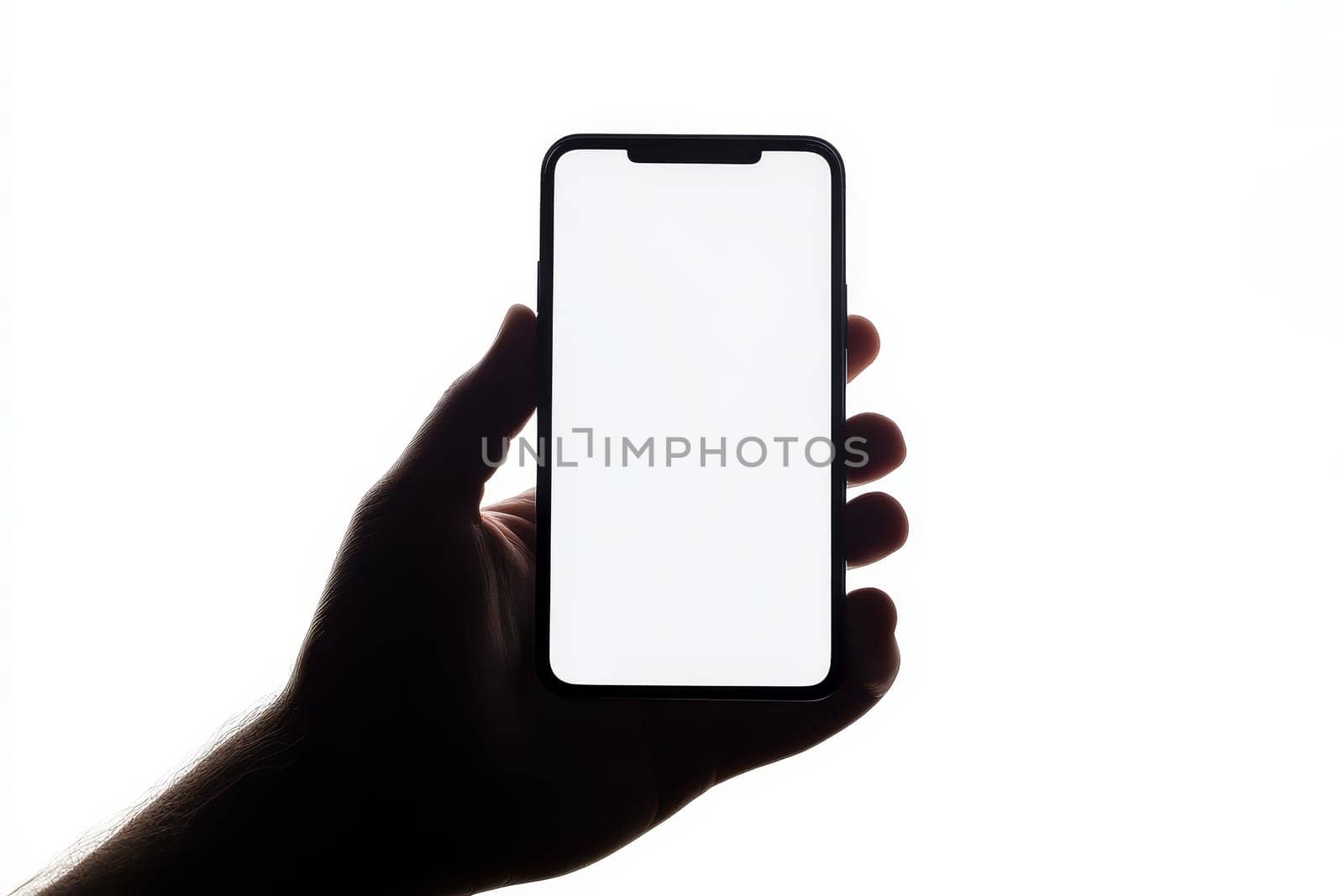Silhouette of hand holding modern smartphone with blank white screen against white background.