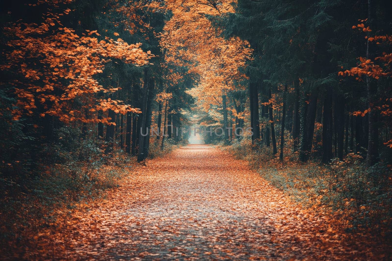 Straight forest path covered in fallen leaves, framed by tall trees with golden autumn foliage, sunlight filtering through.