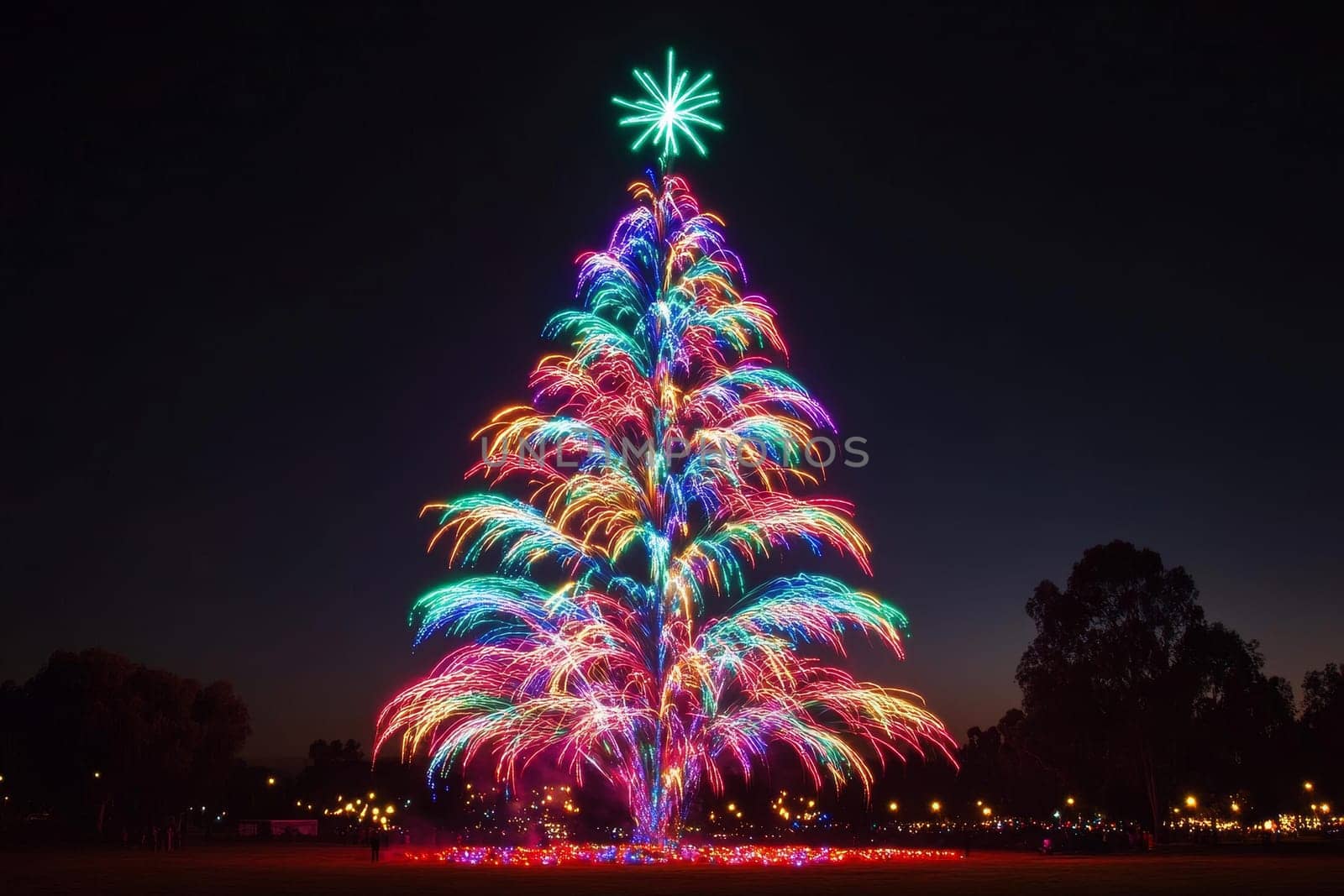 Massive multicolored fireworks display in the shape of a Christmas tree illuminating the night sky.