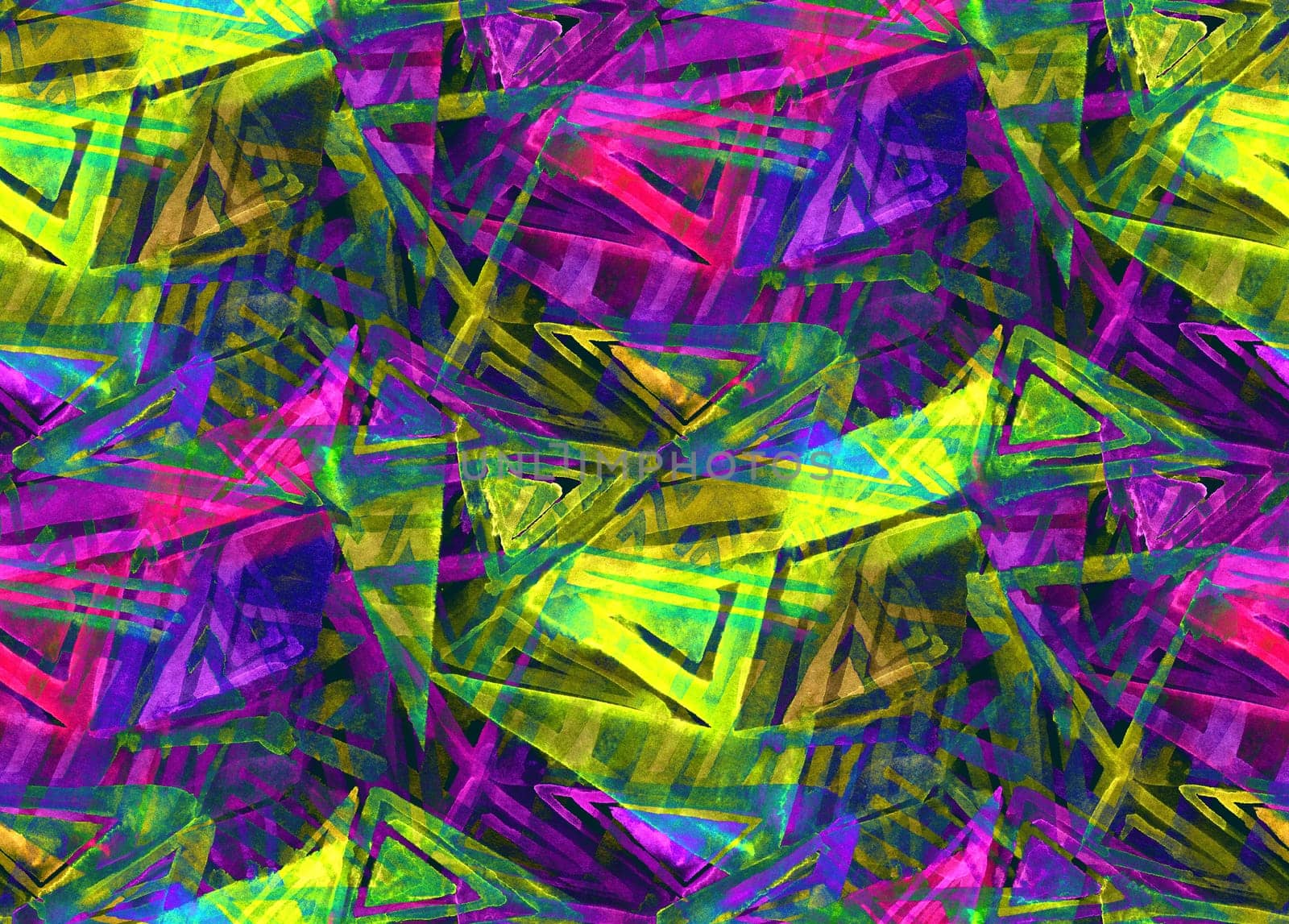 Irregular geometry on a seamless pattern with watercolor painted triangles. A mix of silhouettes of bright neon shapes for modern trendy youth outerwear textiles and surface design