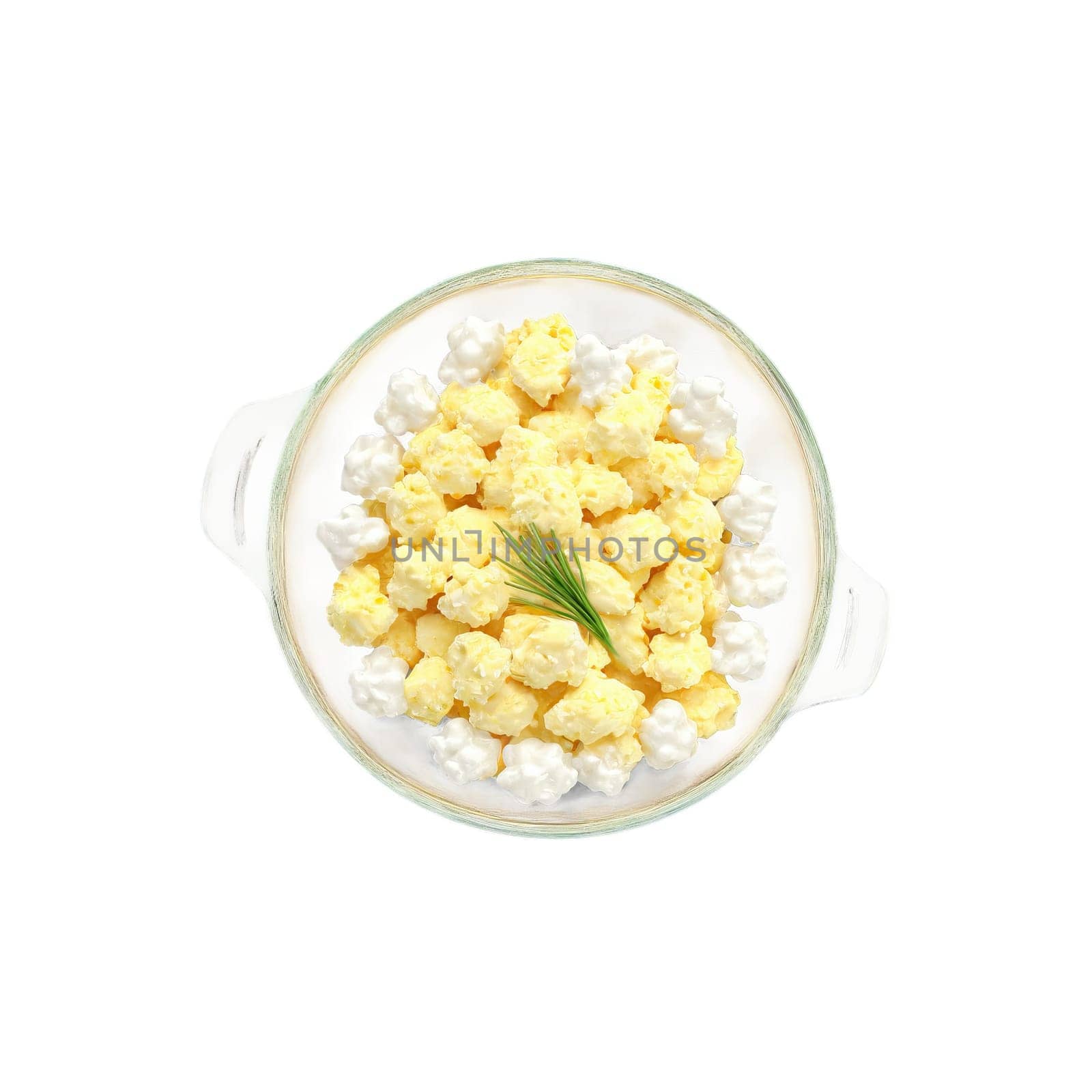 Scrambled eggs fluffy curds in glass bowl chives fluttering down Food and Culinary concept. Food isolated on transparent background.