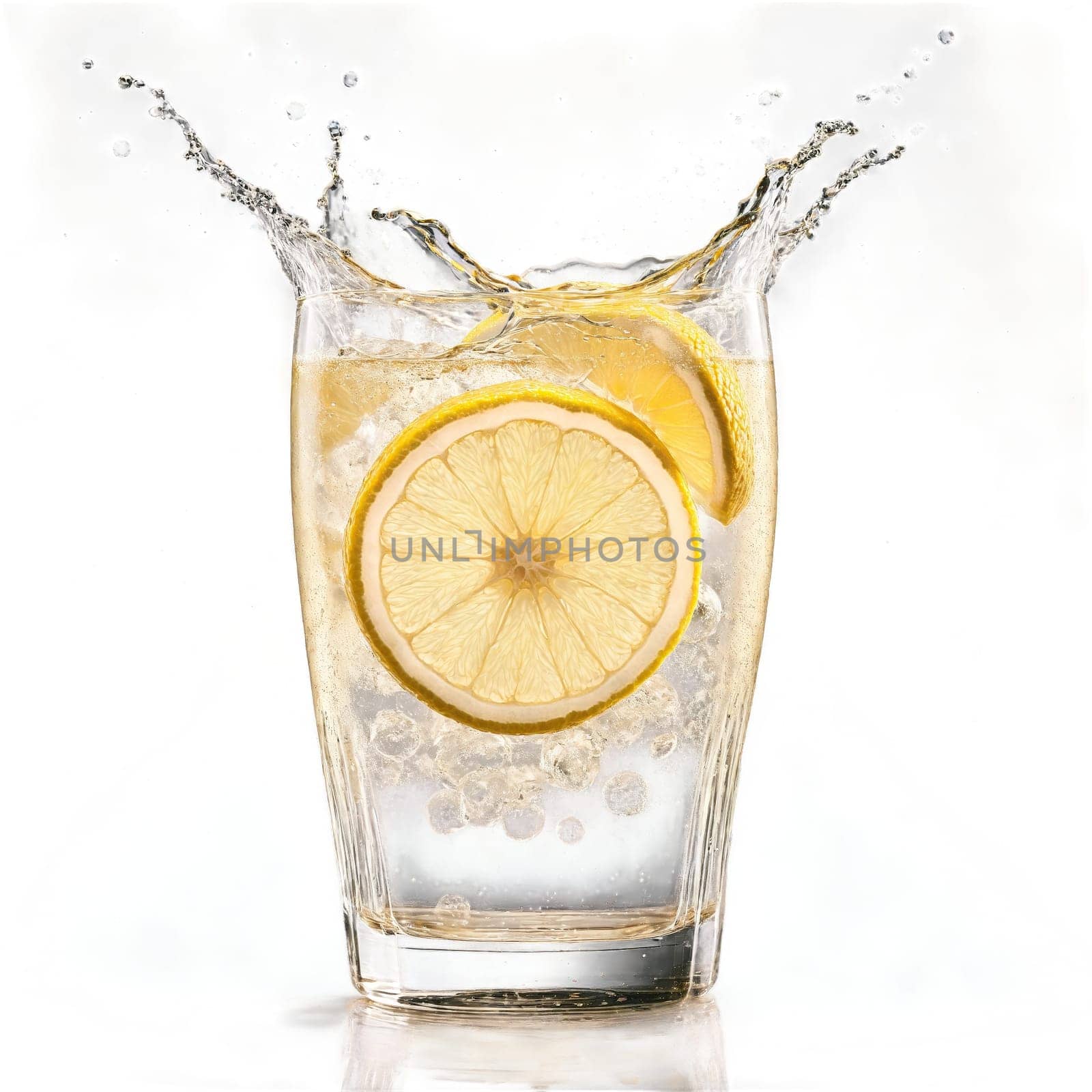 Ginger ale with slices of ginger lemon and ice cubes twirling in a glass with. Food isolated on transparent background.