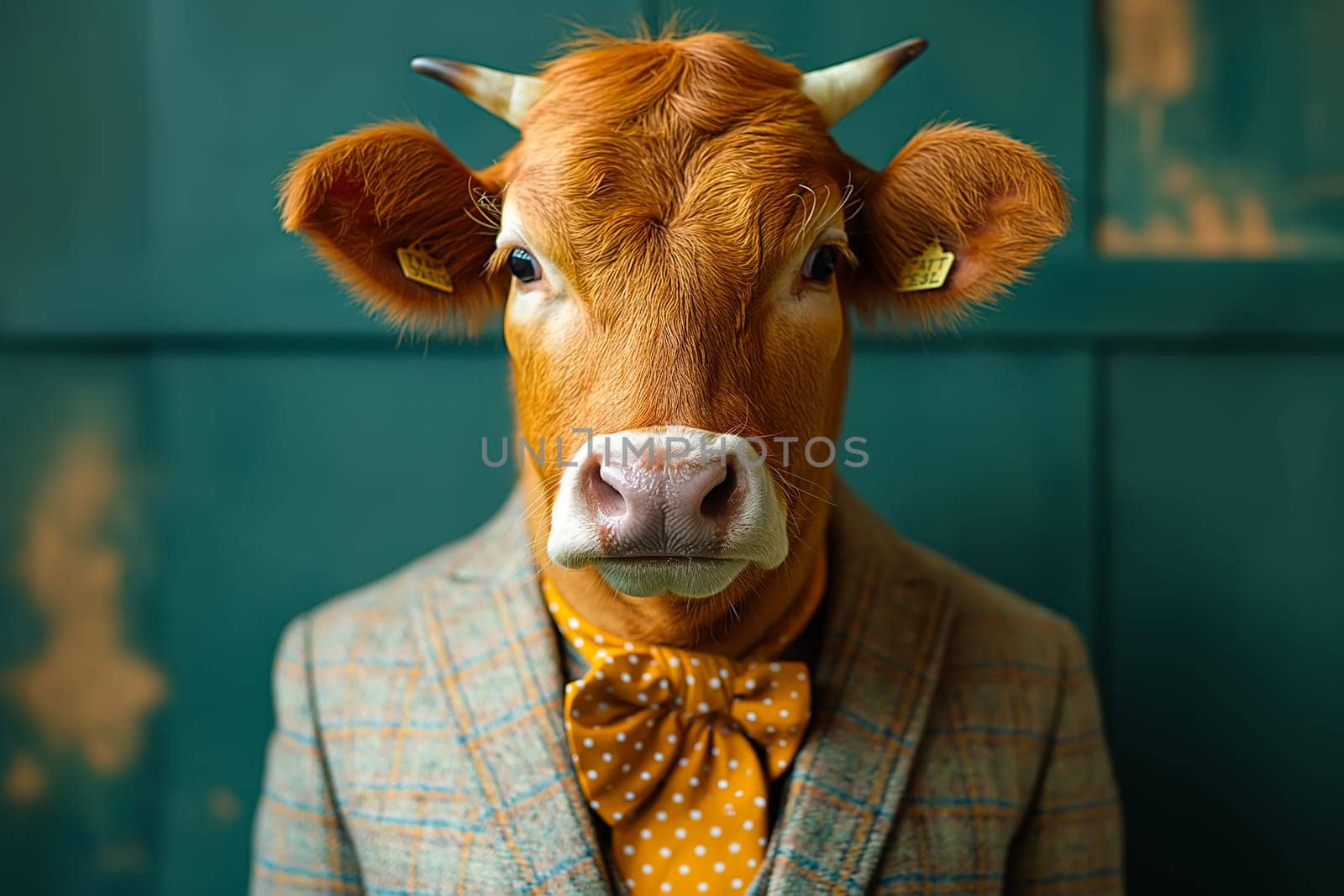 Anthropomorphic cow dressed in a plaid suit and tie. Concepts of conceptual art, fantasy, or creative expression, blending elements of human fashion with animal characteristics.
