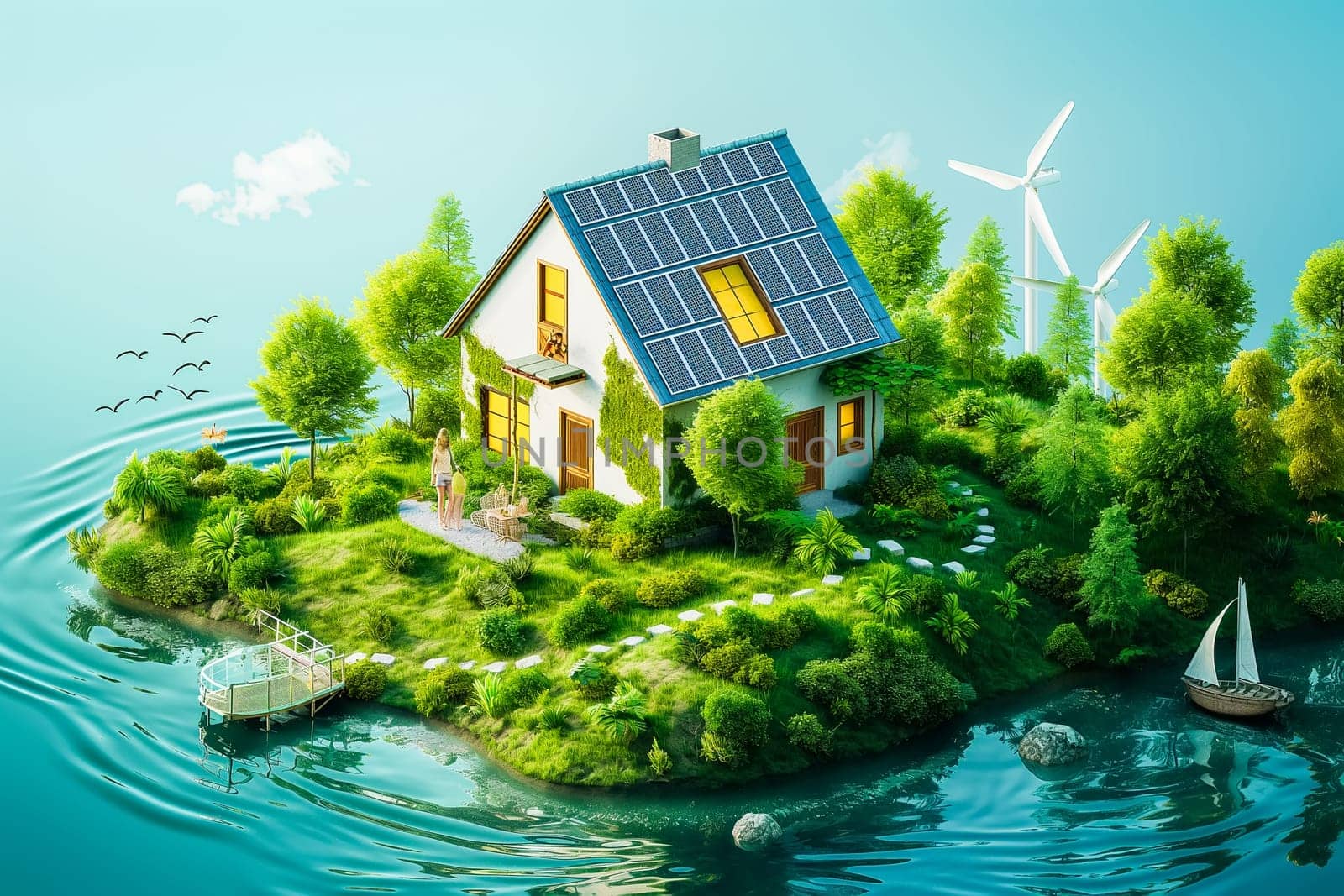 Sustainable living and the harmonious integration of nature within urban environments. Concepts related to green energy, renewable resources, and sustainable urban development.