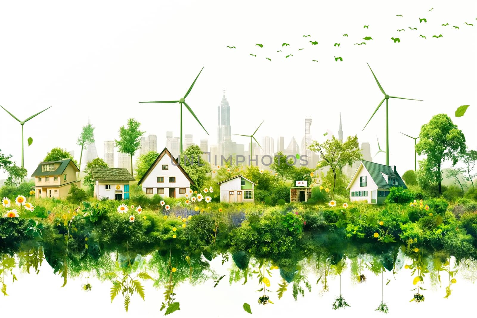 Sustainable living and the harmonious integration of nature within urban environments. Concepts related to green energy, renewable resources, and sustainable urban development.