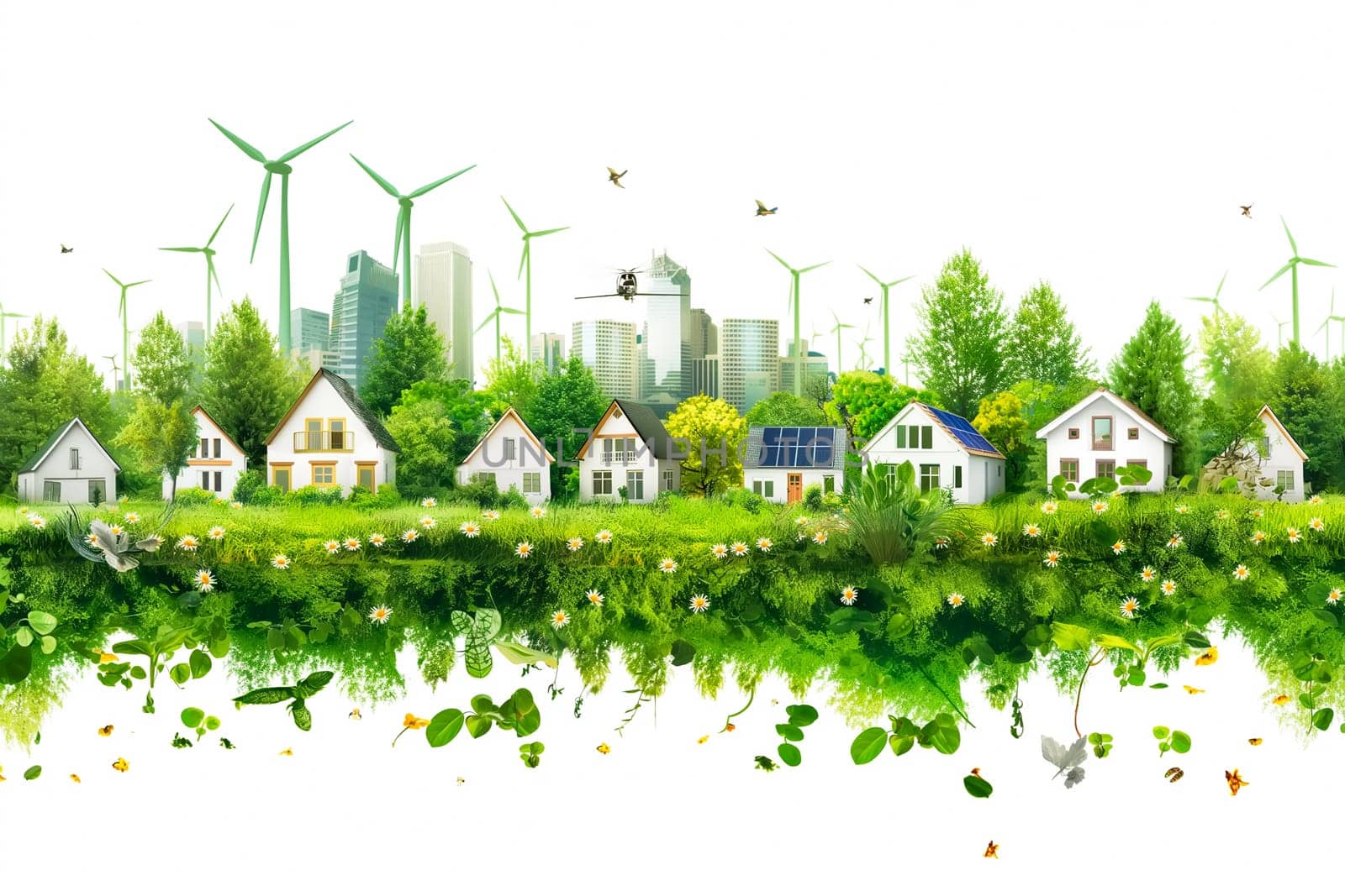 Sustainable living and the harmonious integration of nature within urban environments. Concepts related to green energy, renewable resources, and sustainable urban development.