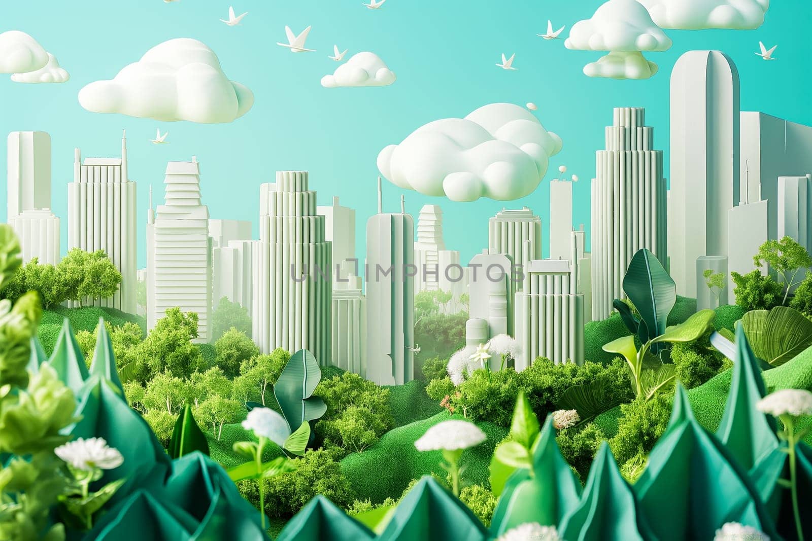 Sustainable living and the harmonious integration of nature within urban environments. Concepts related to green energy, renewable resources, and sustainable urban development.