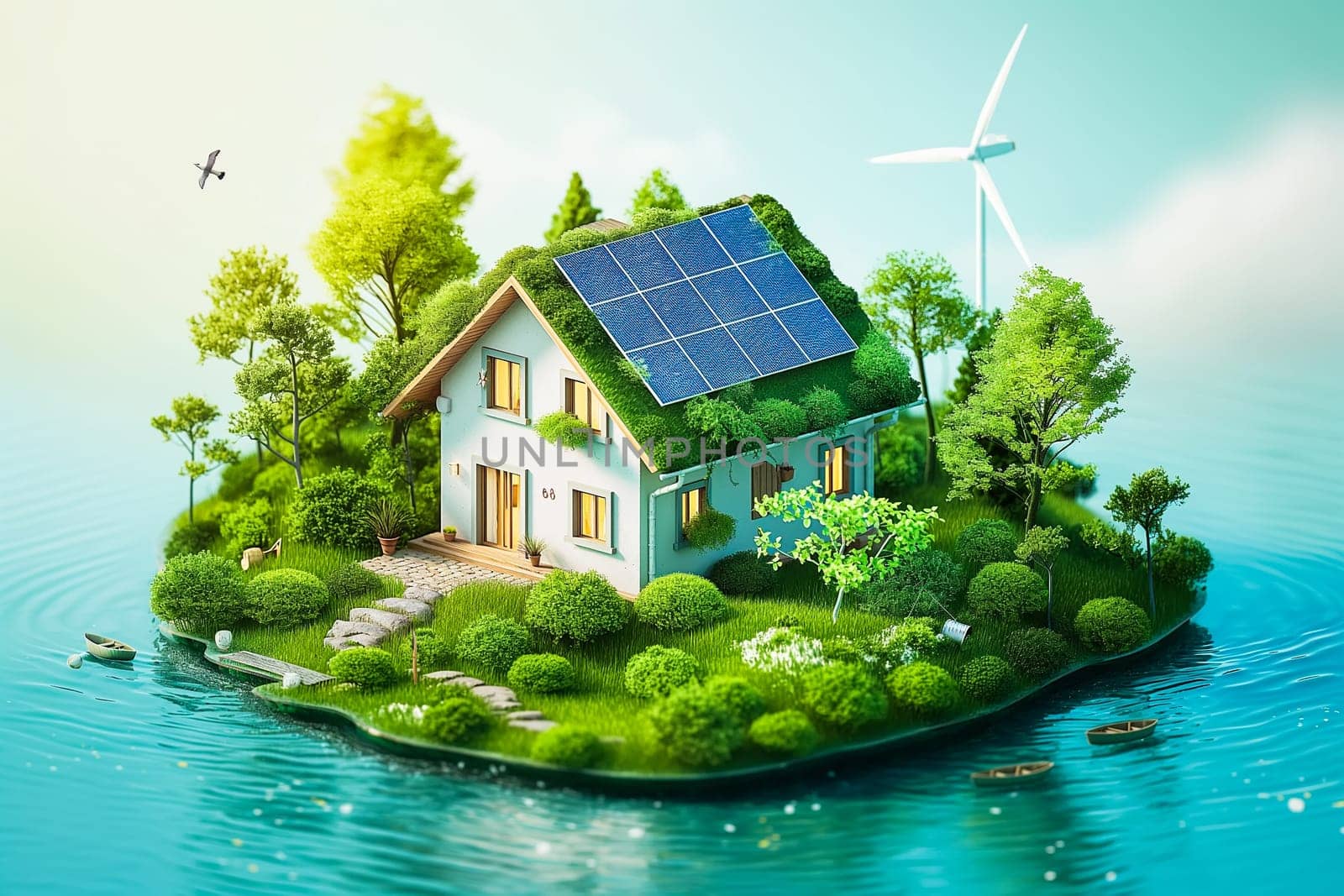 Sustainable living and the harmonious integration of nature within urban environments. Concepts related to green energy, renewable resources, and sustainable urban development.