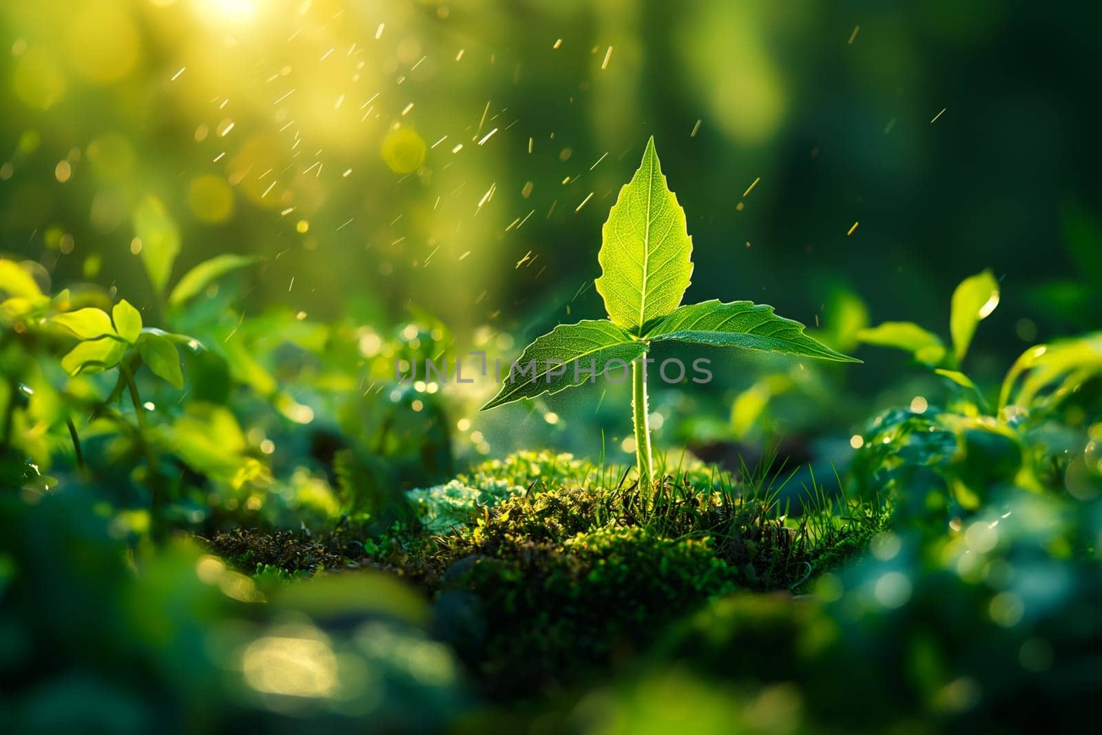 The seedling are growing from the rich soil to the morning sunlight that is shining, ecology concept.