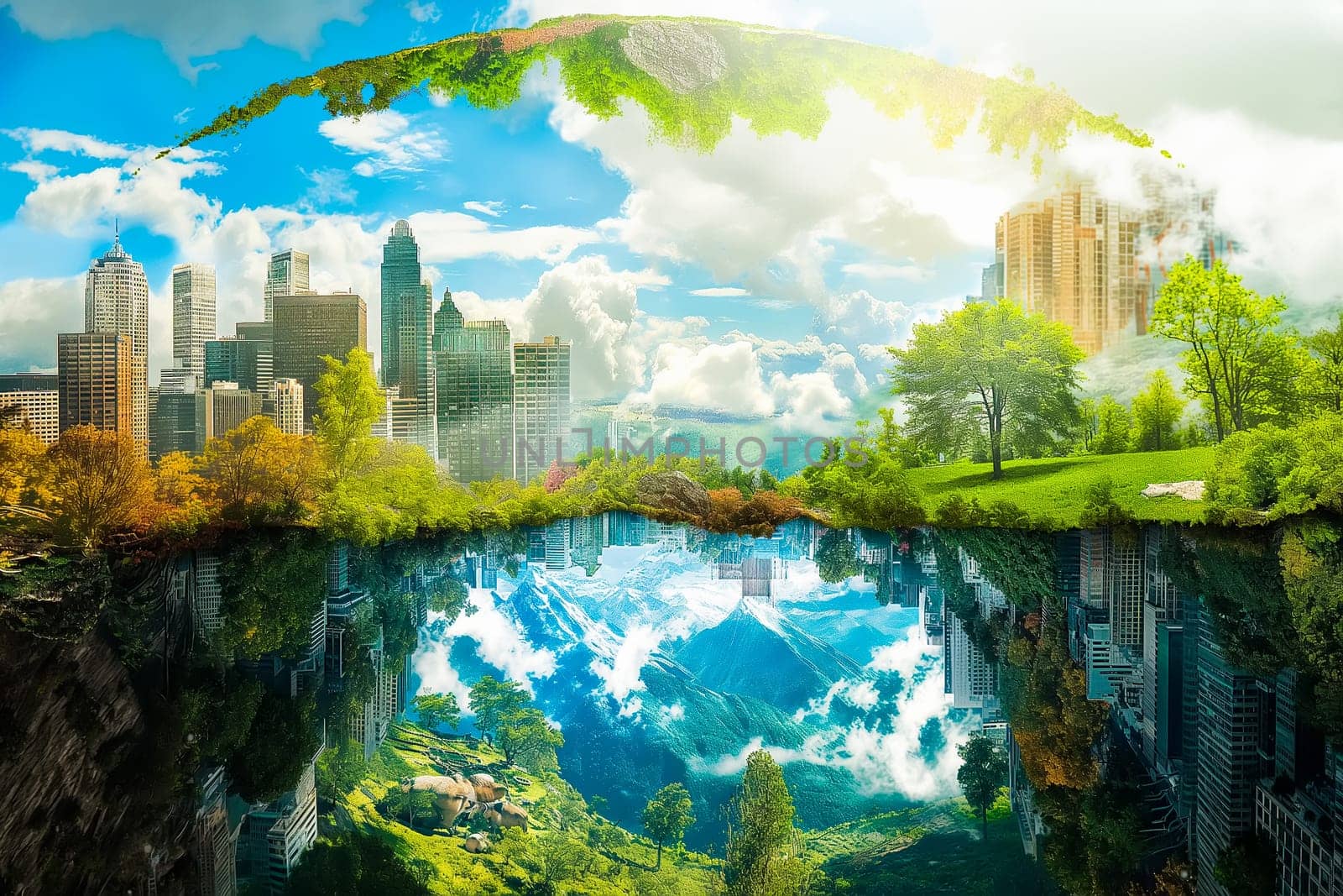 Sustainable living and the harmonious integration of nature within urban environments. Concepts related to green energy, renewable resources, and sustainable urban development.